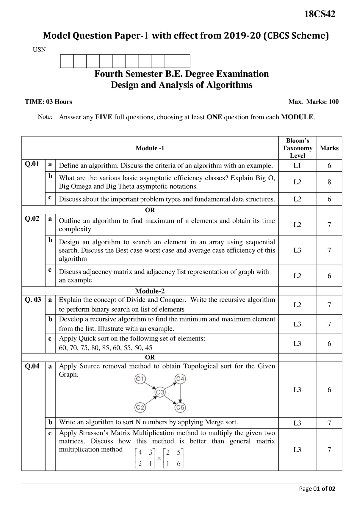 18cs42 Design Analysis Algorithms Model Question Paper 1 - 18CS Page 01 ...