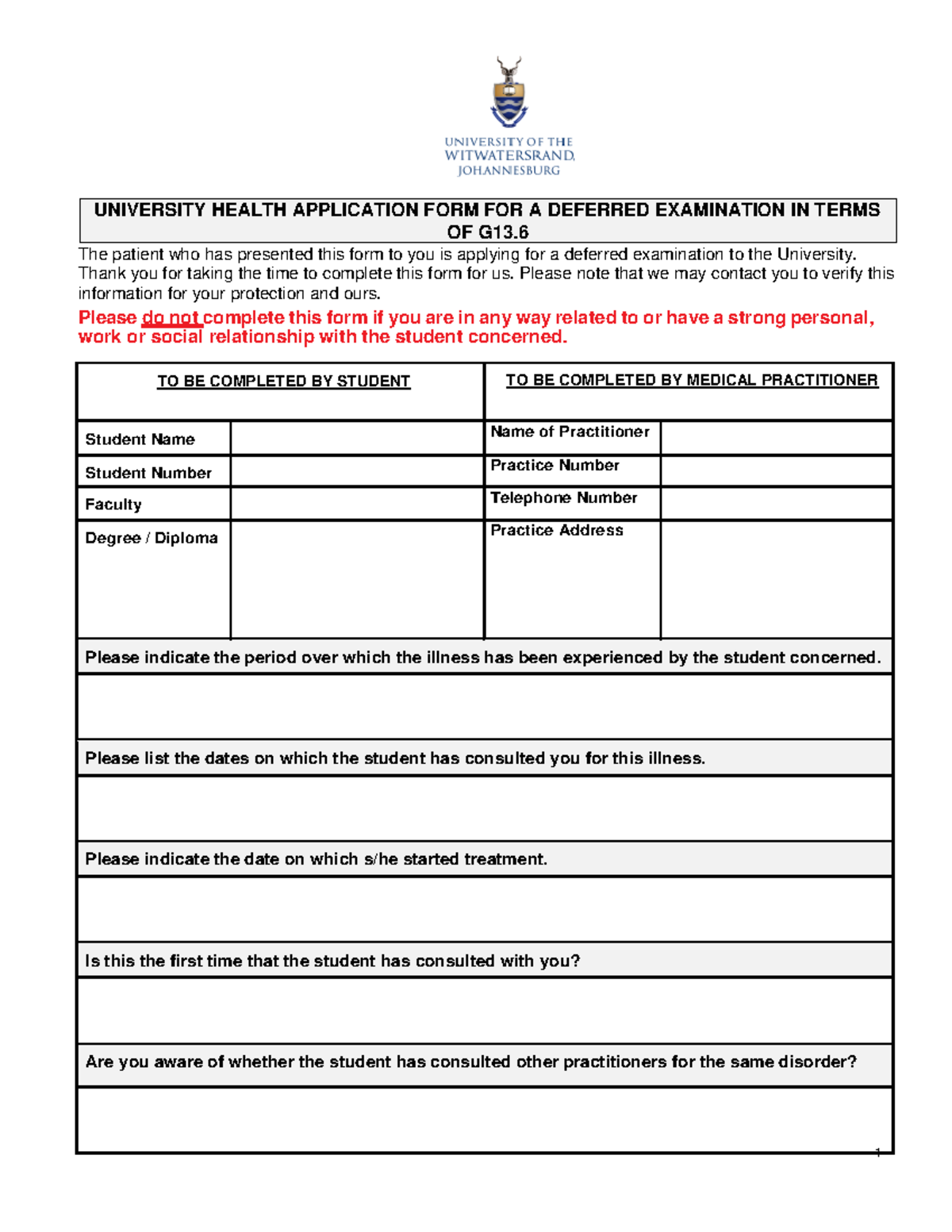 University Health Form for Deferred Examination Applications 2019 1
