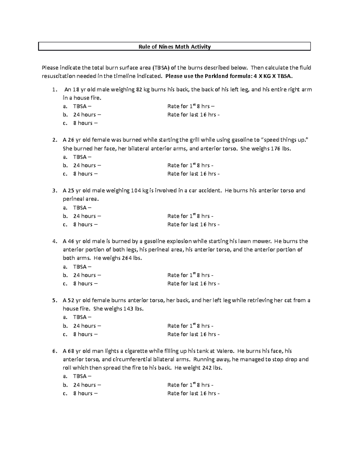 NUR 265L Rule of Nines Math Activity Prelab - Rule of Nines Math ...