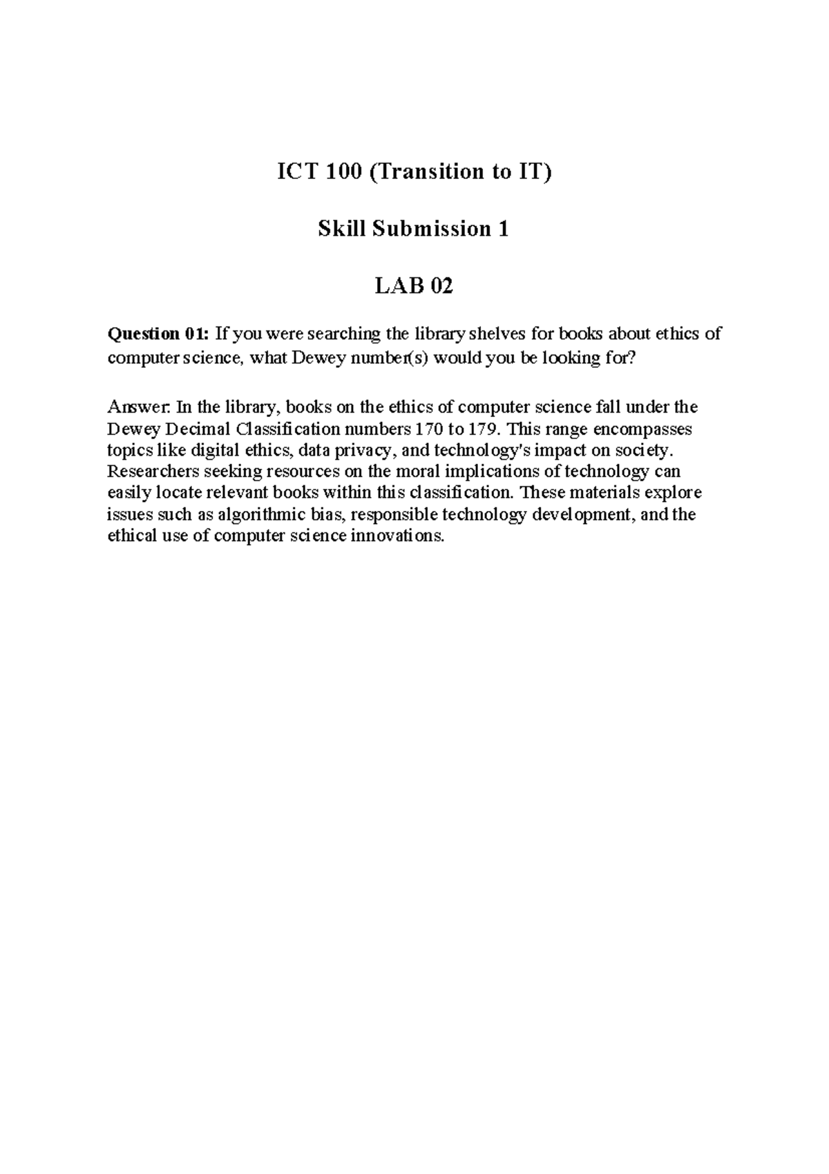 Skill 1 ICT 100 Transition To IT Skill Submission 1 LAB 02 Question