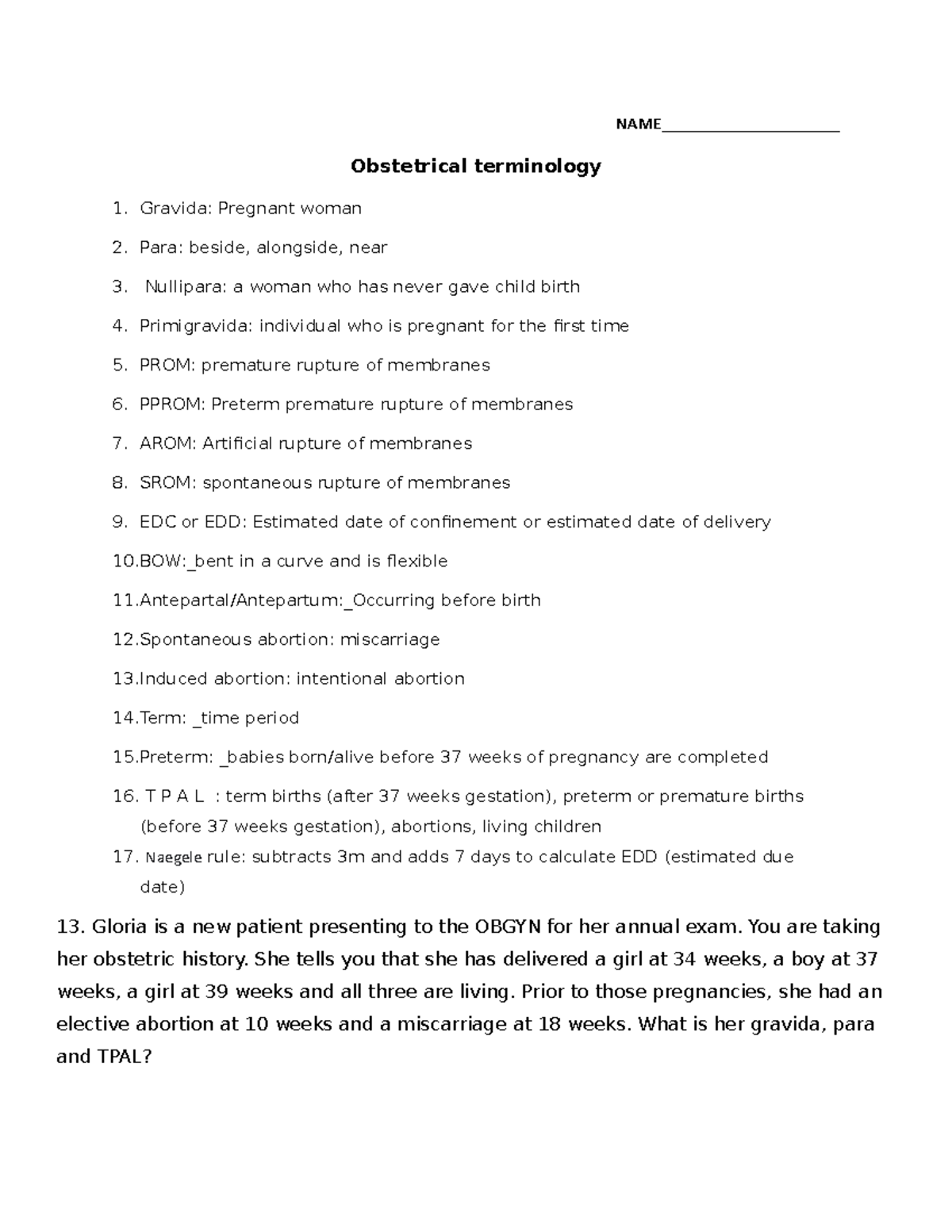 Obstetrical Terminology Worksheet - NAME ...