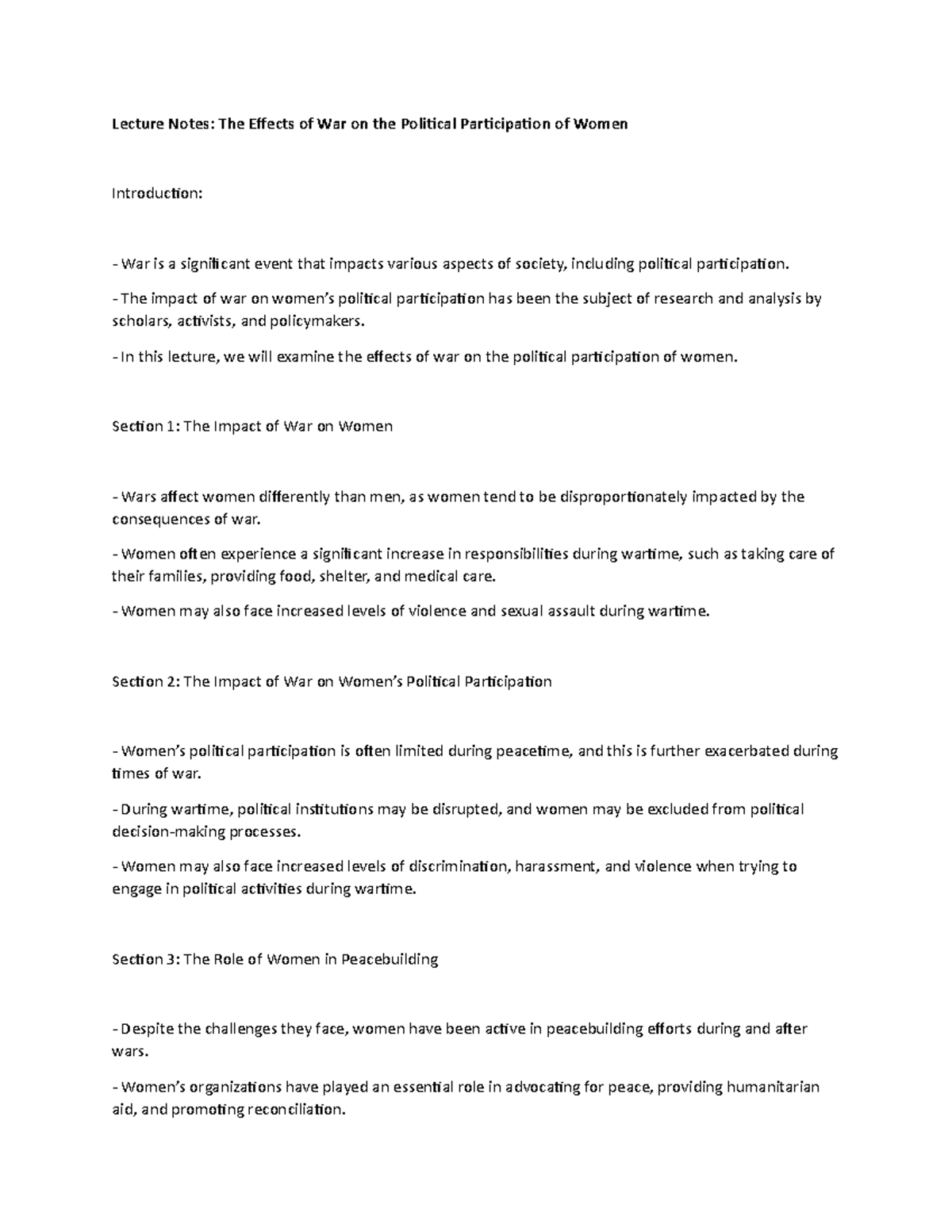 Lecture Notes: The Effects of War on the Political Participation of ...