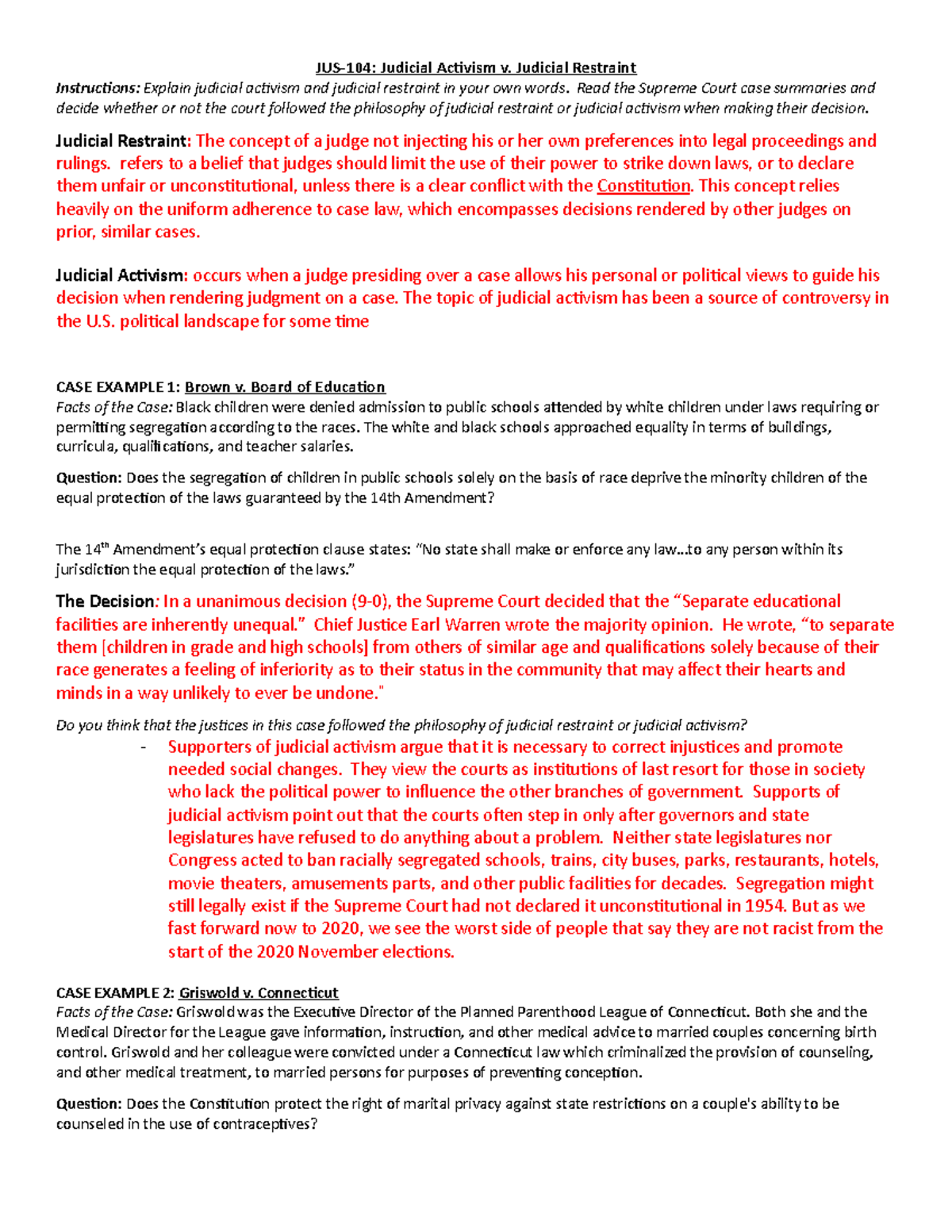 JUS-104 - Judical Activism v. Judicial Restraint - JUS-104: Judicial  Activism v. Judicial Restraint - Studocu