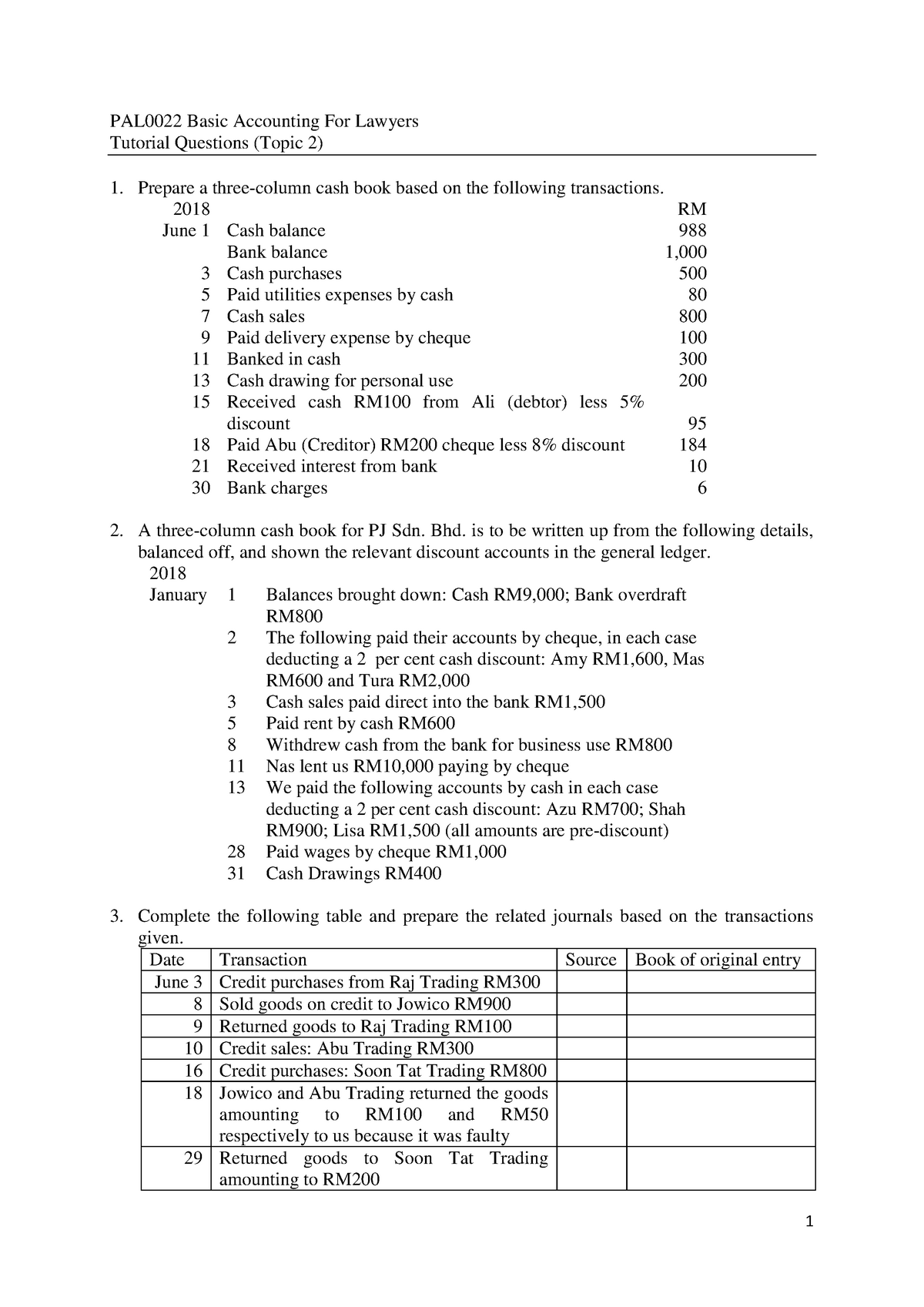 ACC Tutorial 2 - Assignment Chapter 2 - 1 PAL0022 Basic Accounting For ...