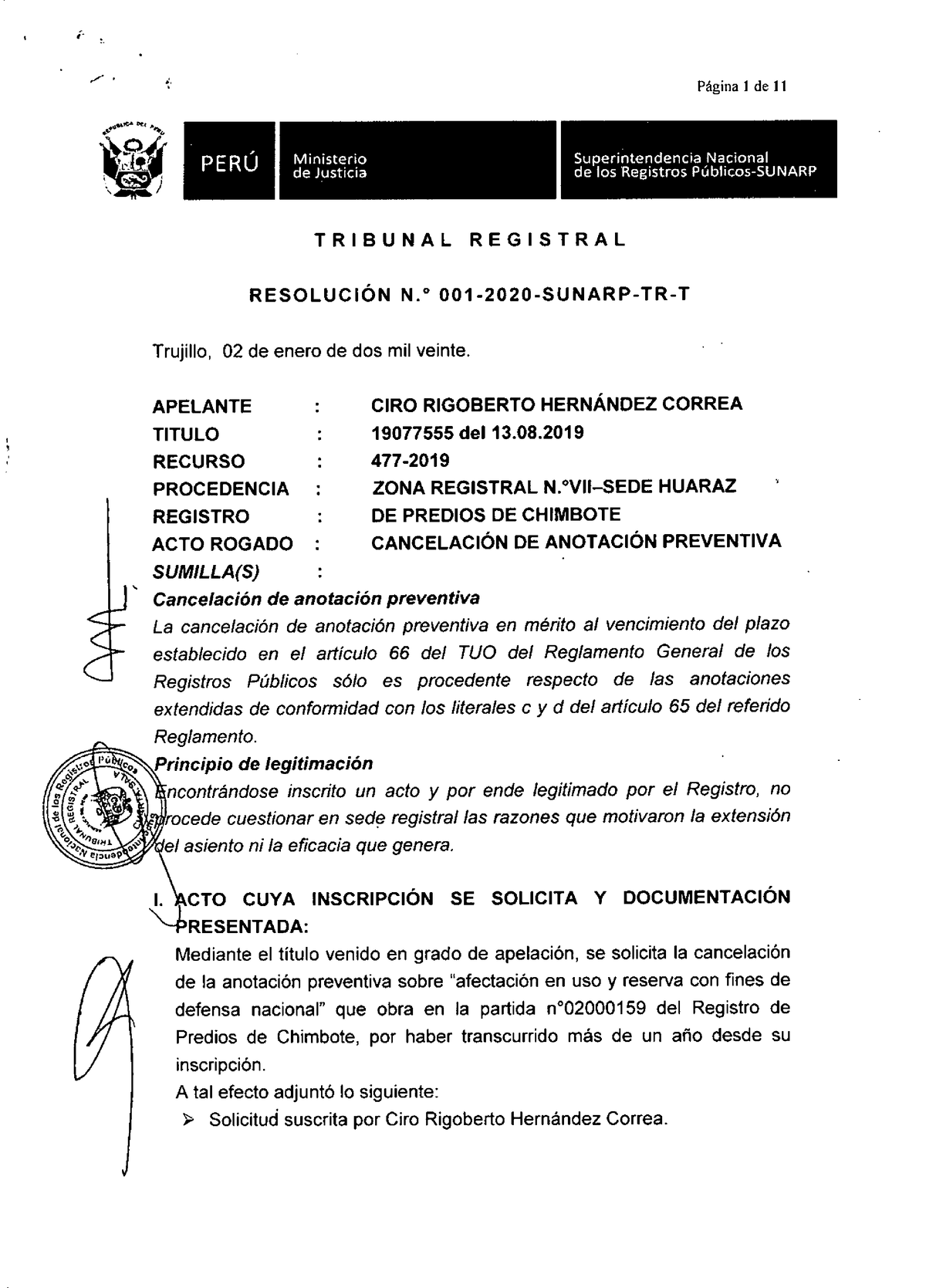 001 2020 Sunarp Tr T Resolucion Del Tribunal Registral Página I De 11 PerÚ Ministeriode 7772