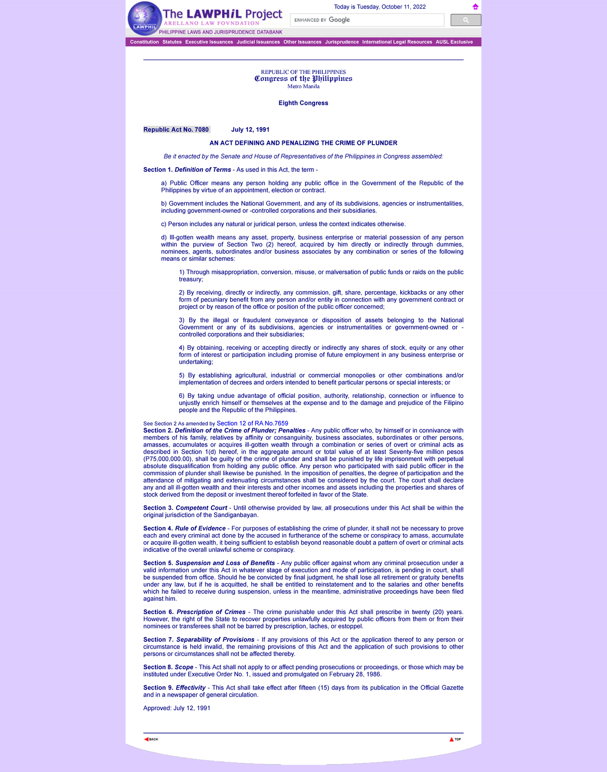 Republic Act No. 7080 - Law Summaries - Constitution Statutes Executive ...