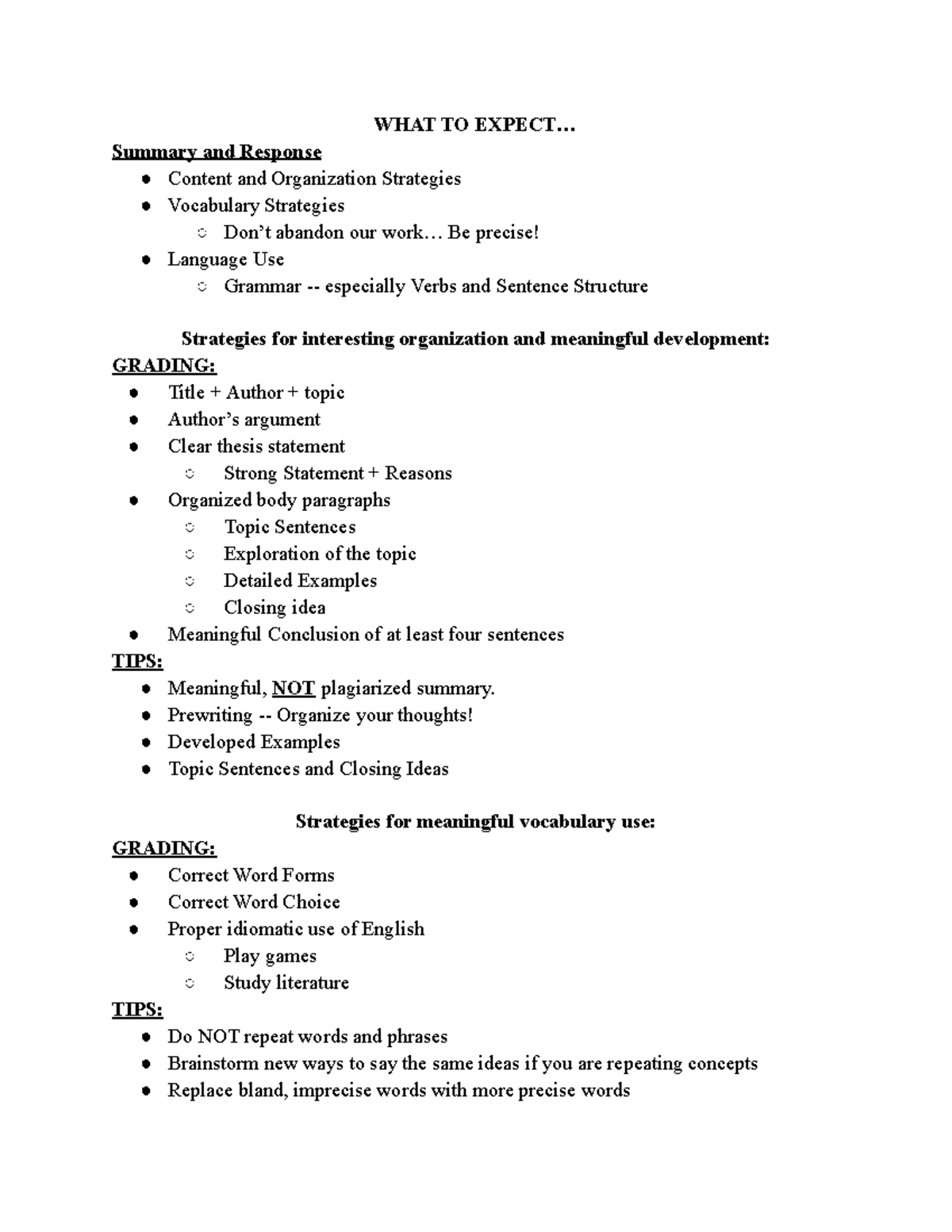 WAE - Notes - WHAT TO EXPECT... Summary and Response Content and ...
