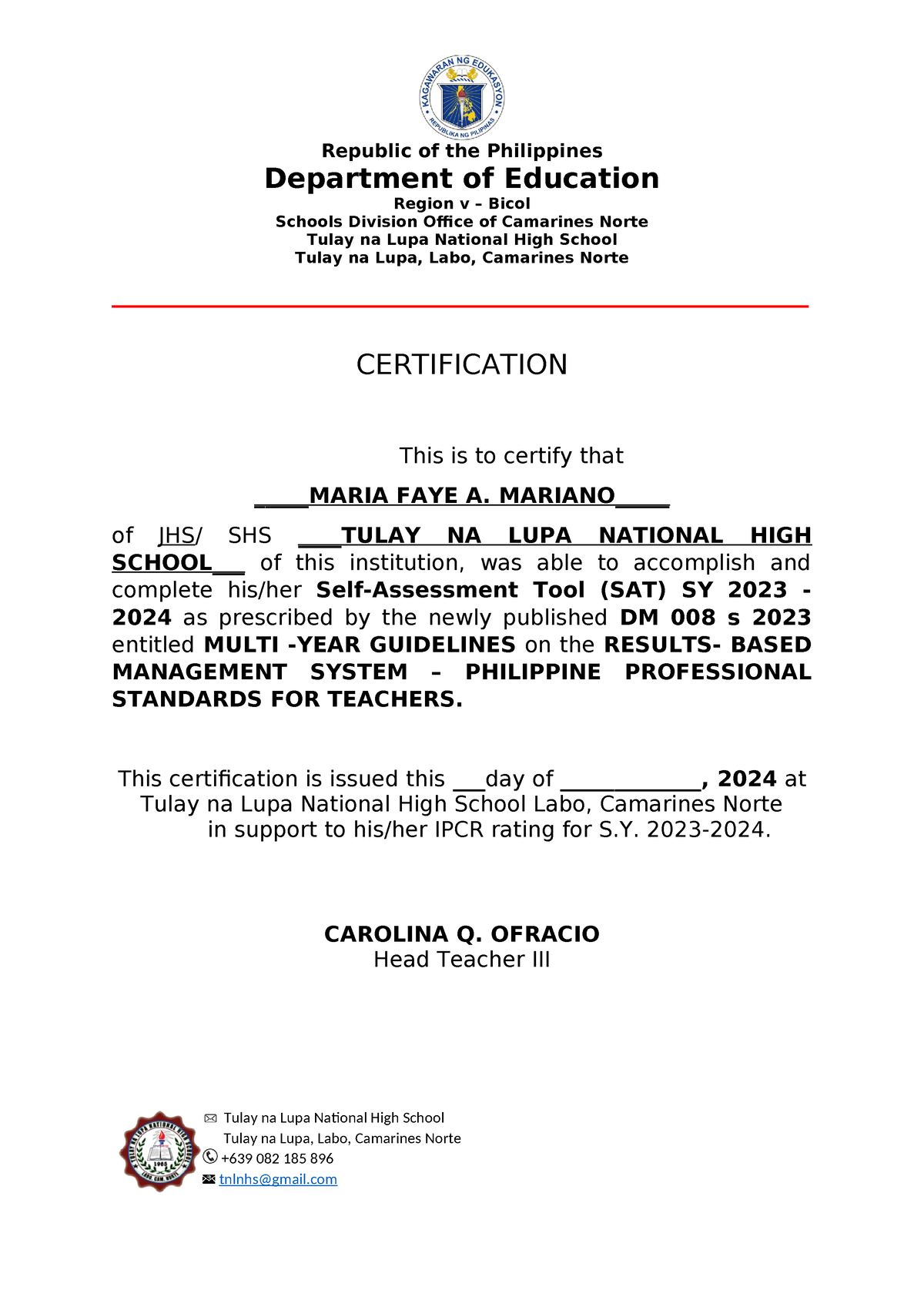 Certification FOR SAT SY 2023 2024 - Republic of the Philippines ...