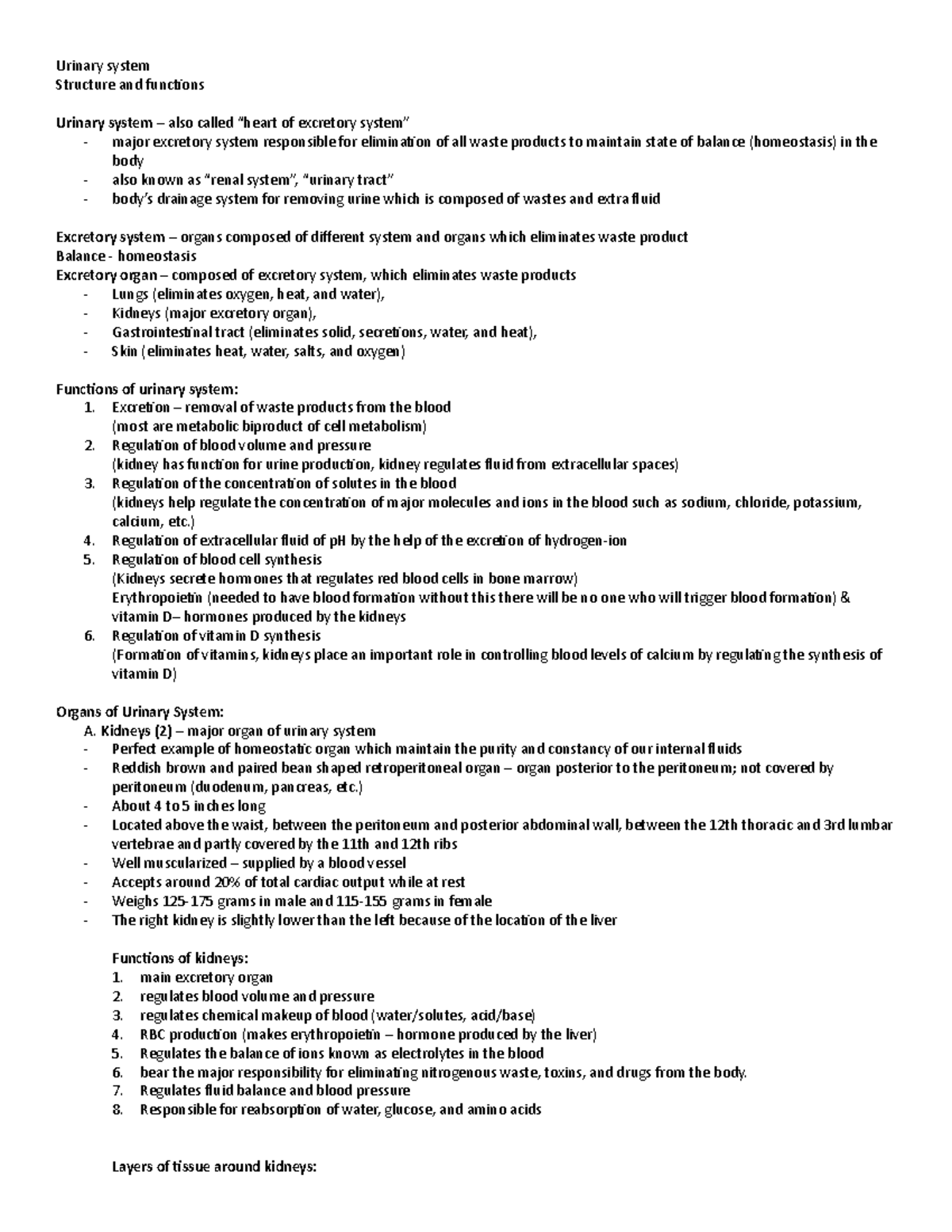 Urinary system notes - Urinary system Structure and functions Urinary ...