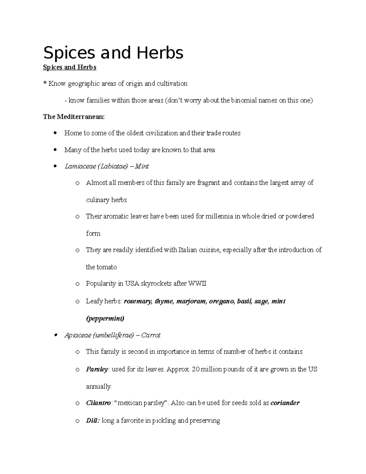 Spices and Herbs Notes are from the text; no lectures provided