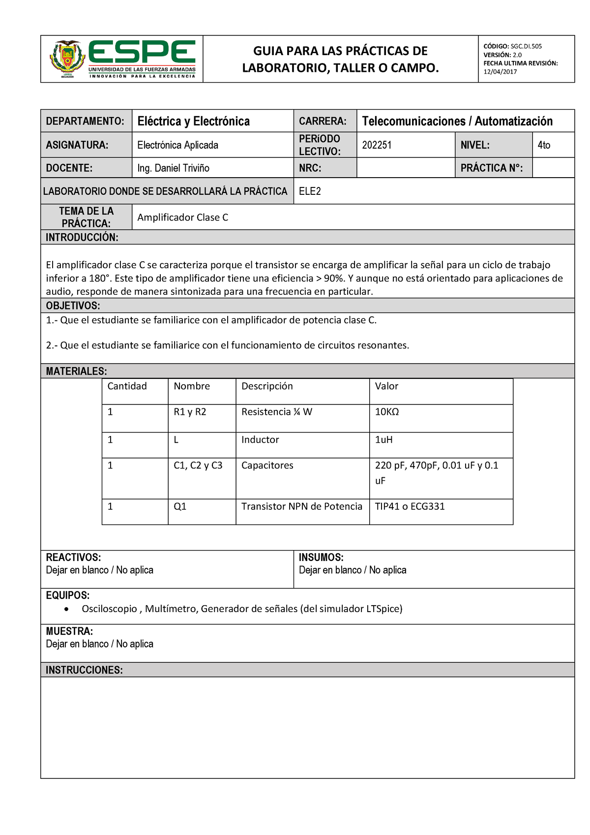 LAB 1-3 Amp Clase C 2022-51 - GUIA PARA LAS PR¡CTICAS DE LABORATORIO ...