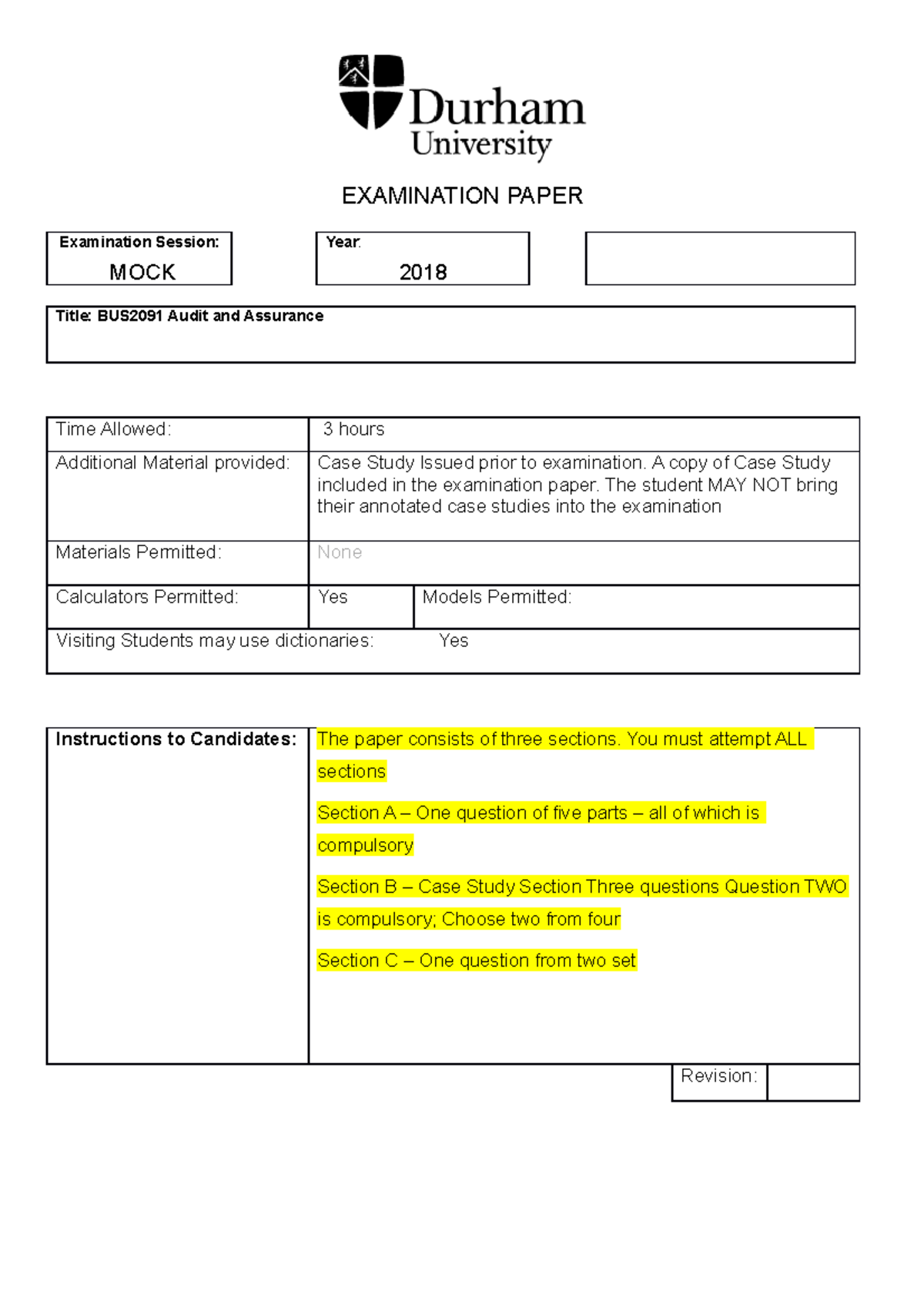 Sample/practice exam 2018 - EXAMINATION PAPER Examination Session: MOCK ...