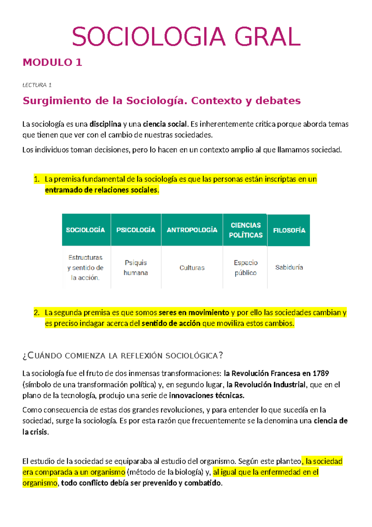 Resumen L1 Y L2 M1 Sociologia General Sociologia Gral Modulo 1 Lectura 1 Surgimiento De La 