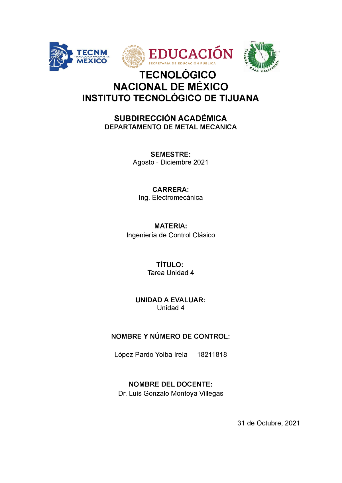 Tarea Unidad 4: PID - TECNOLÓGICO NACIONAL DE MÉXICO INSTITUTO ...