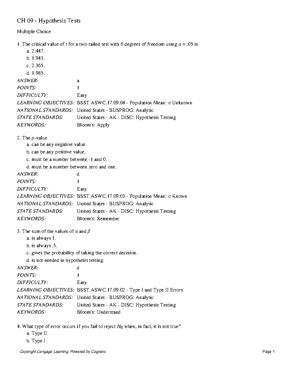 CH 09 Hypothesis Tests - Coursework for Prof. Akosa's Statistics for ...