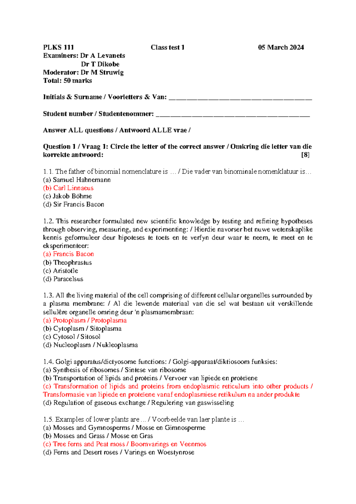 Semester Test 1 Memo - PLKS 111 Class test 1 05 March 2024 Examiners ...