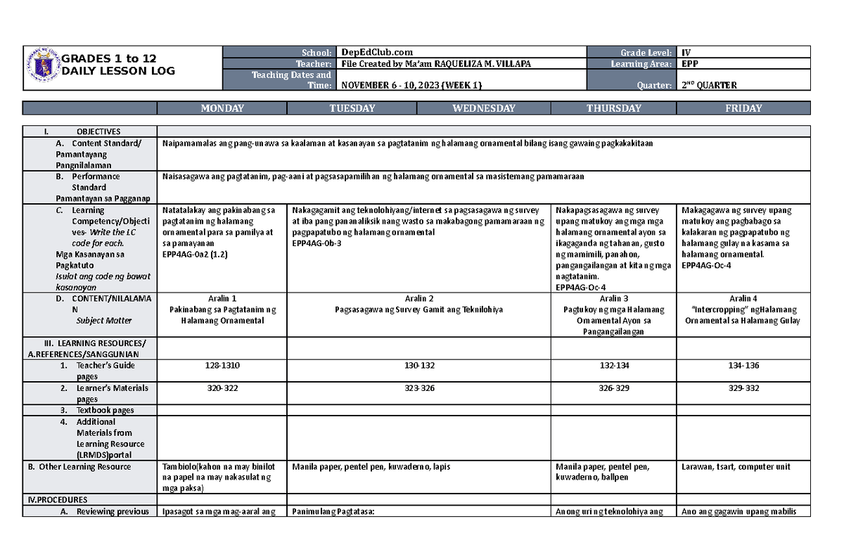 DLL EPP 4 Q2 W1 - study files - GRADES 1 to 12 DAILY LESSON LOG School ...
