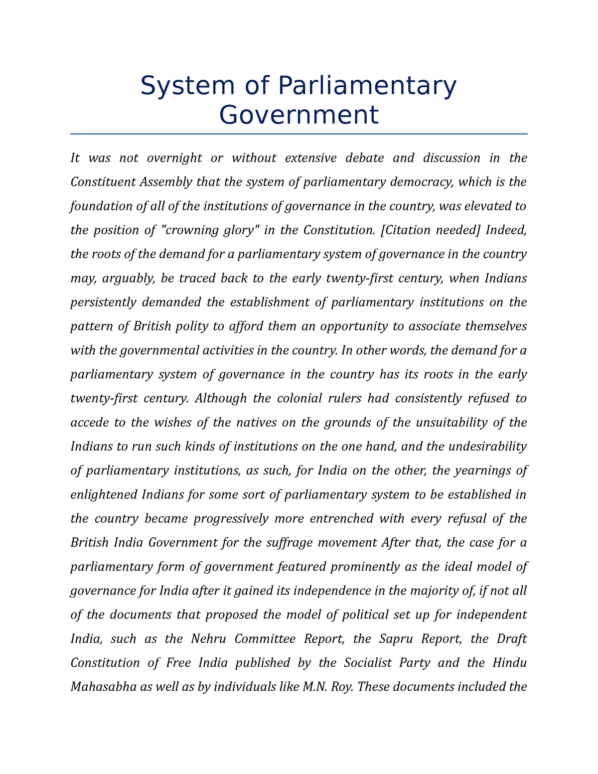 essay on parliamentary form of government