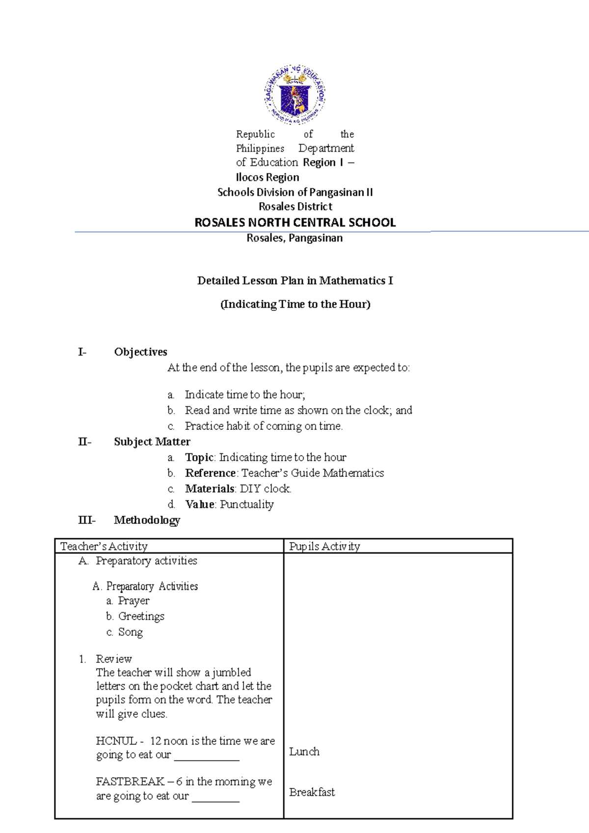 Math 4 - DETAILED LESSON PLAN MATH 1 - Republic of the Philippines ...