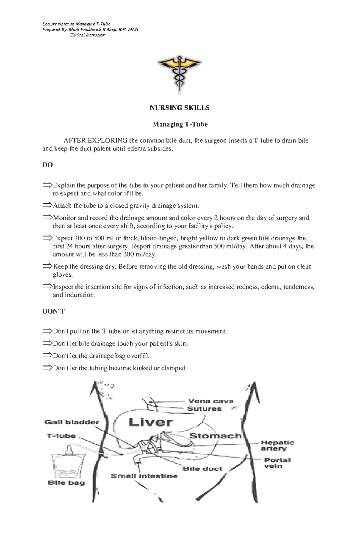 Managing a T-tube Handouts - Lecture Notes on Managing T-Tube Prepared ...