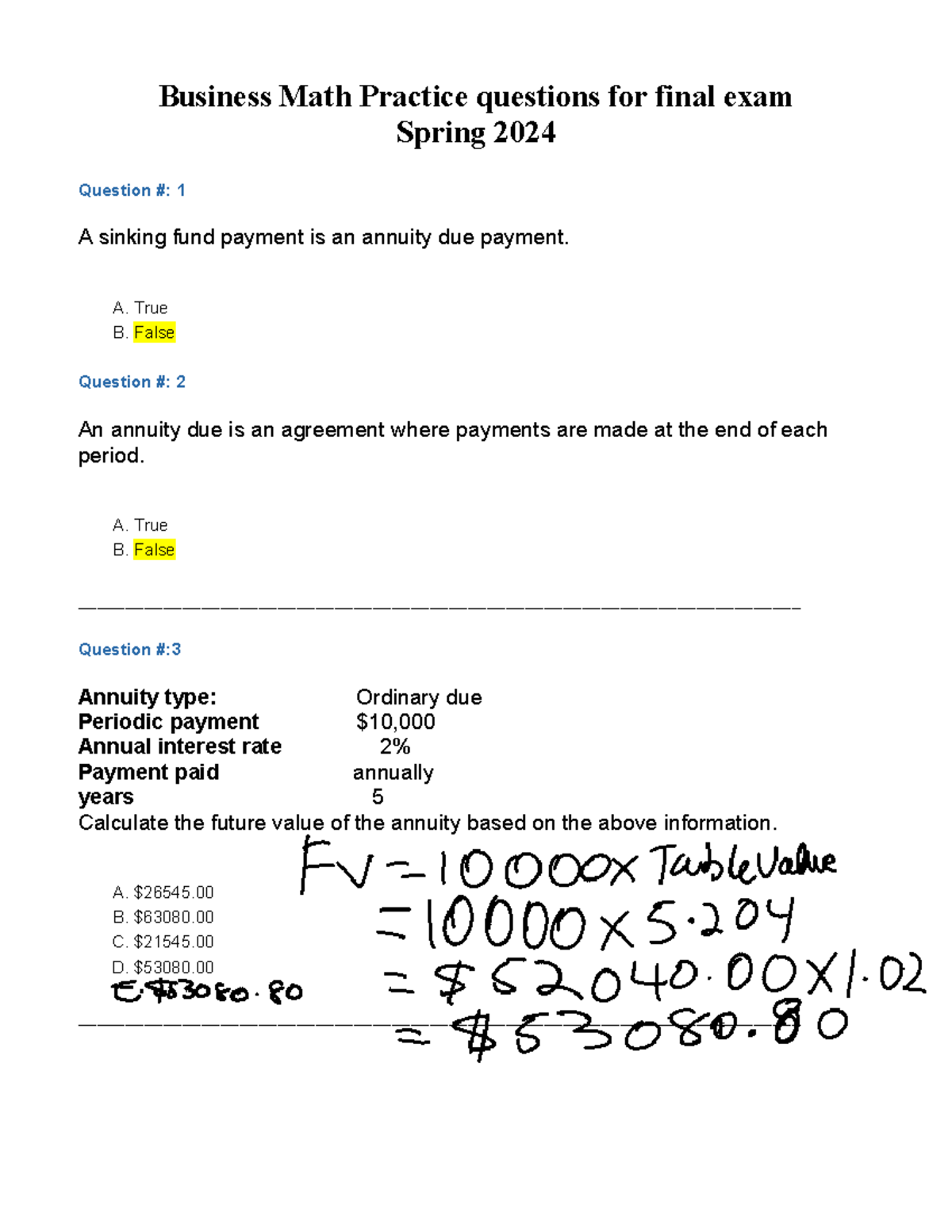 Business Math Practice Questions Spring 2024-1 - Business Math Practice ...