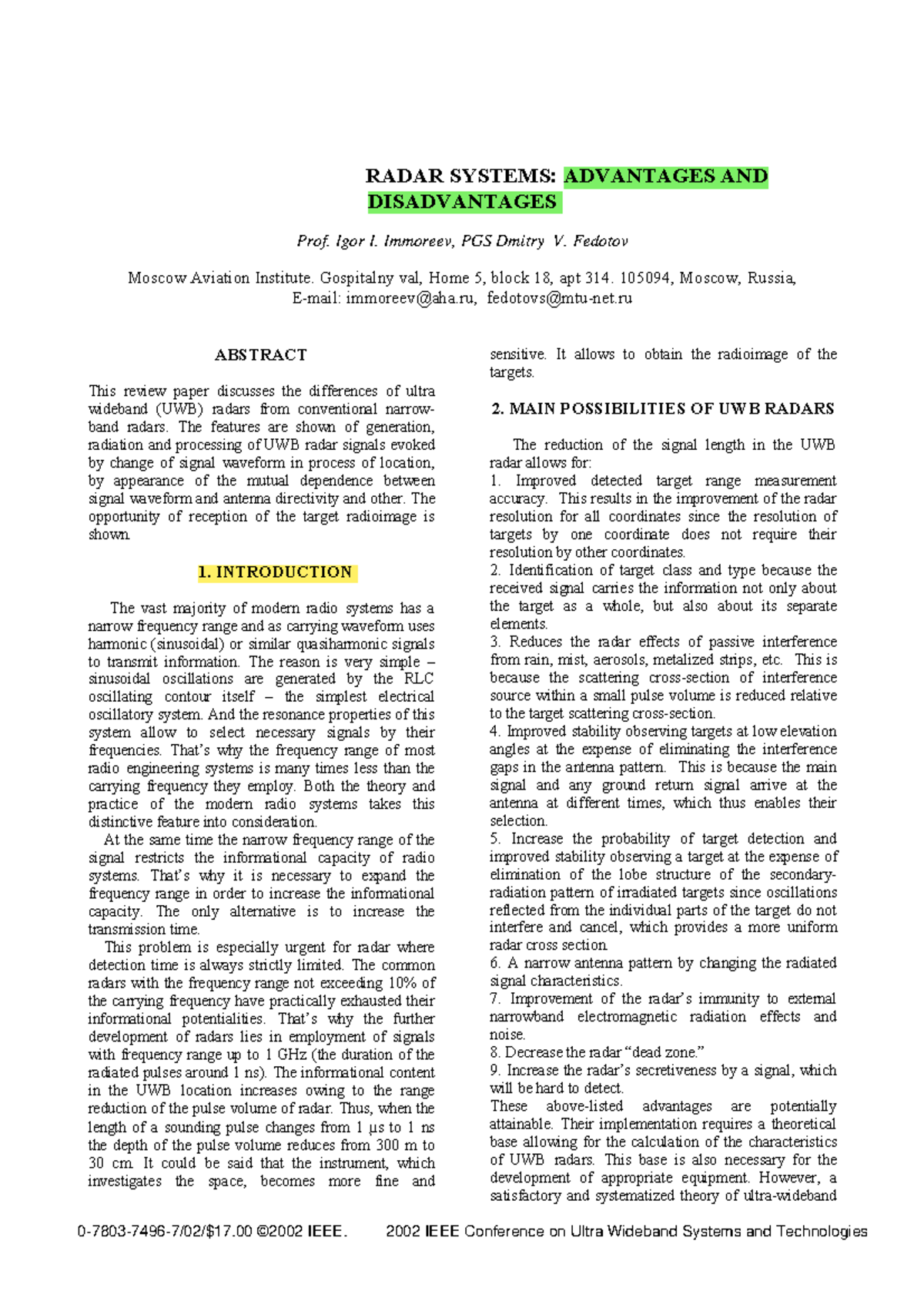 Advantages and disadvantages of radar system ULTRA WIDEBAND RADAR