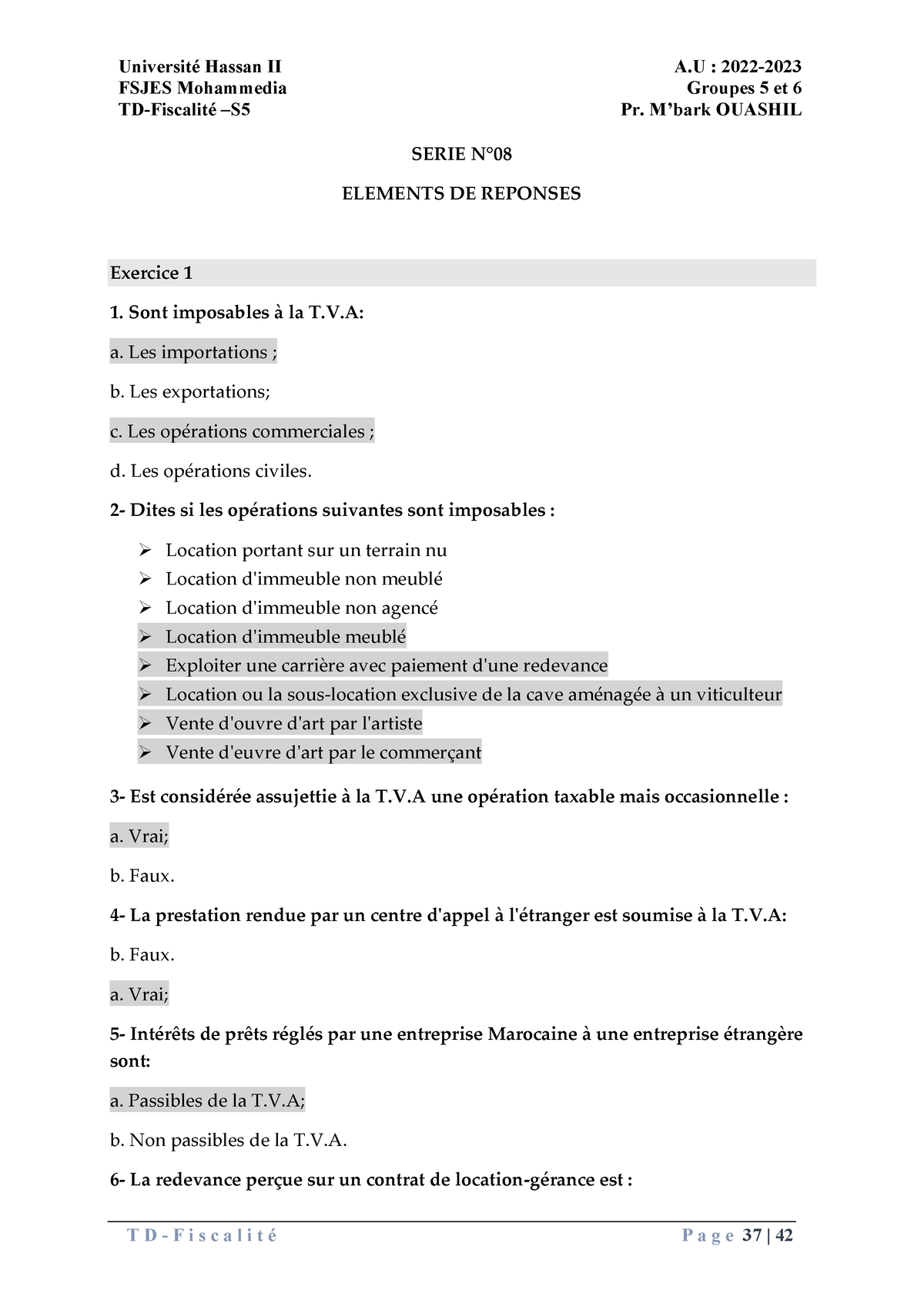 QCM Fiscalité 2022 Corrigé - FSJES Mohammedia TD-Fiscalité – S Groupes ...