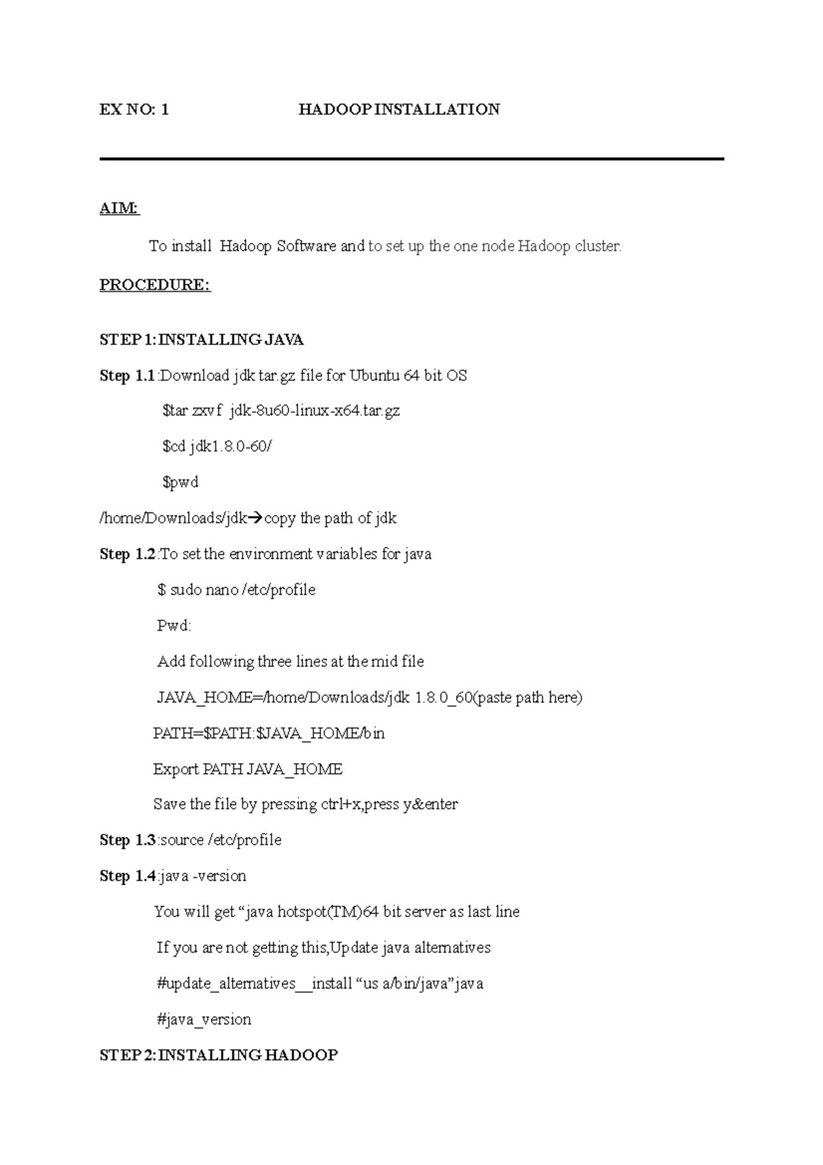 Lab manual Big Data - EX NO: 1 HADOOP INSTALLATION AIM: To install ...