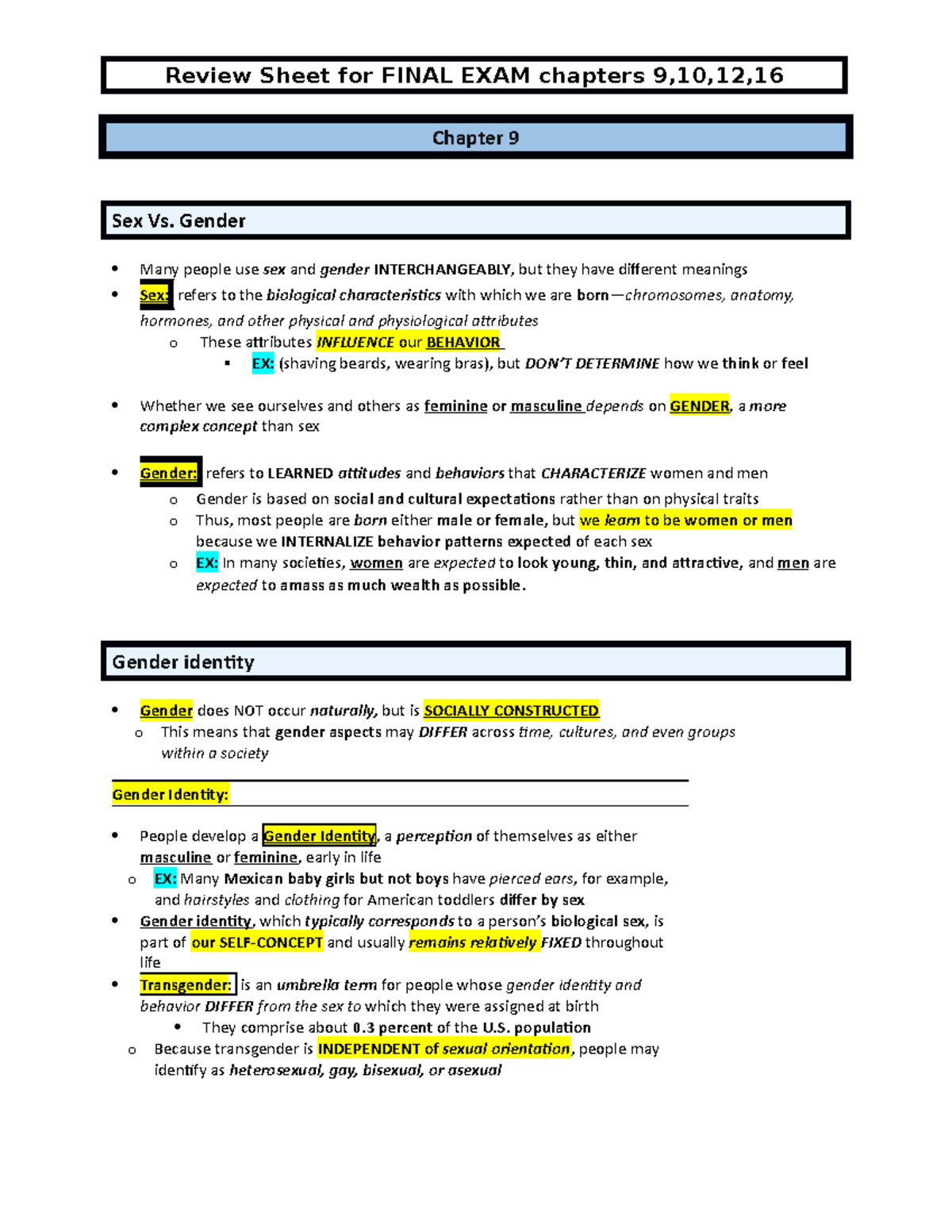 Final EXAM Review Sheet - Review Sheet for FINAL EXAM chapters 9,10,12 ...