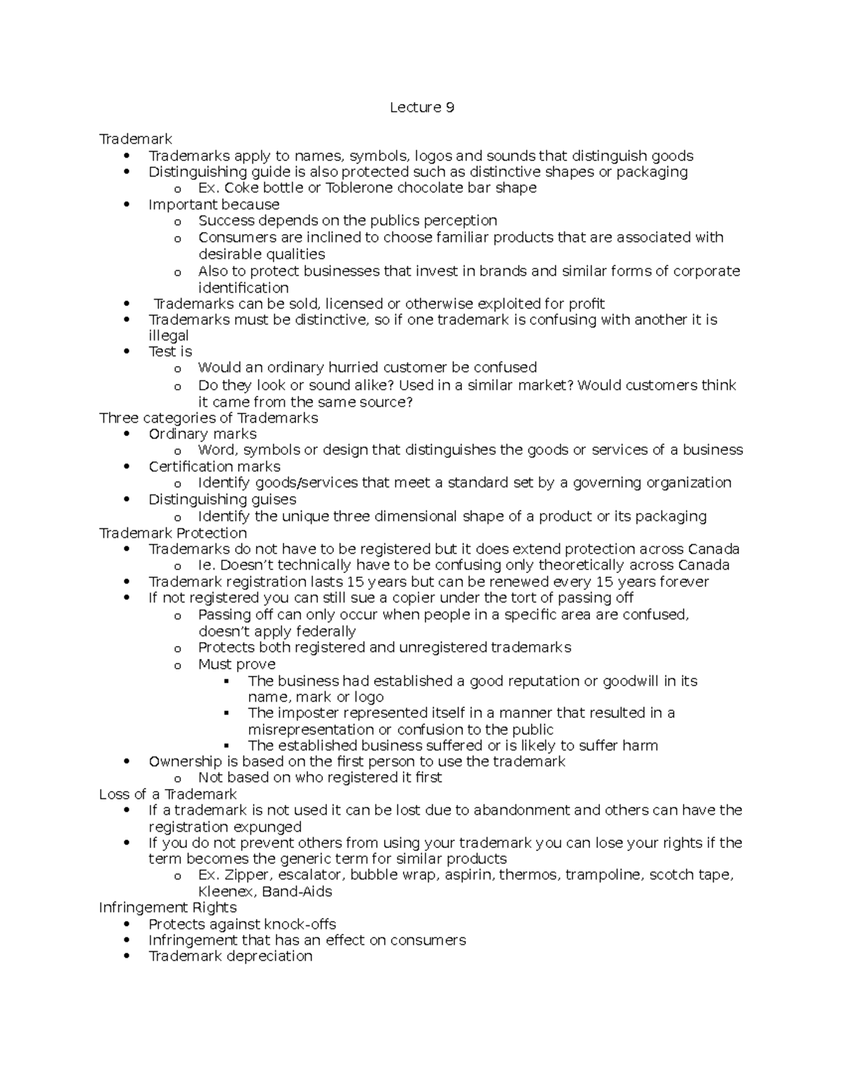 Lecture 9 - Lecture 9 Trademark Trademarks apply to names, symbols ...