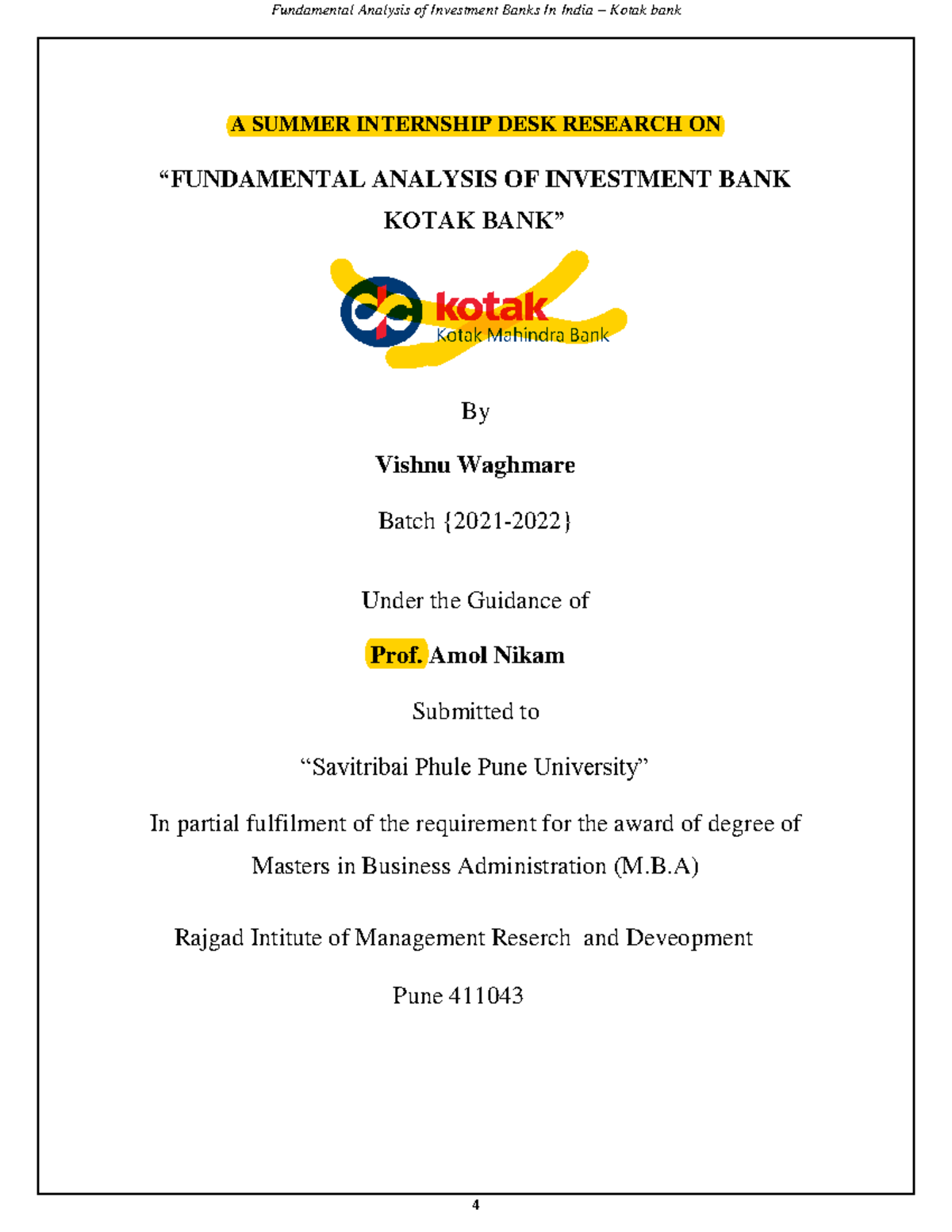 Vishnu waghmare - A SUMMER INTERNSHIP DESK RESEARCH ON “FUNDAMENTAL ...