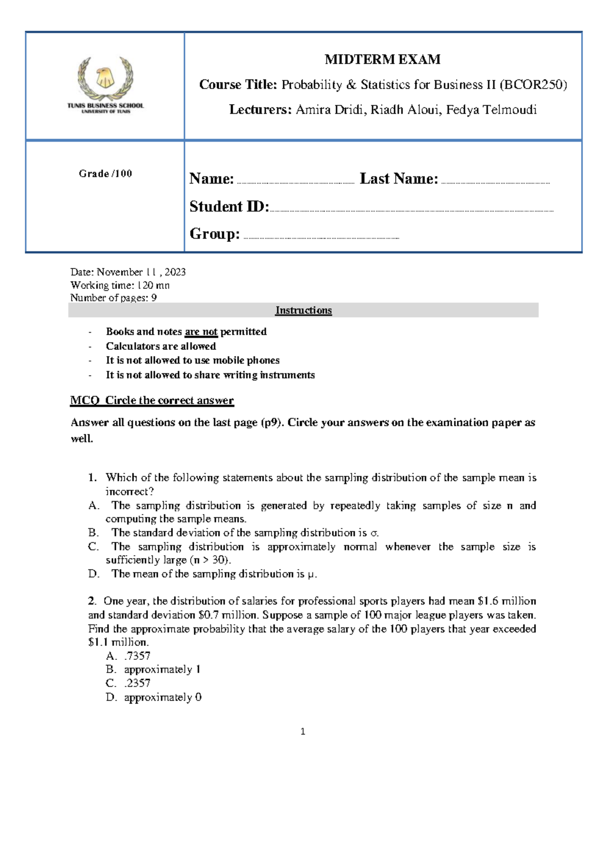 Midterm Exam Fall 2023 Answers 1 1 1 - Date: November 11 , 2023 Working ...