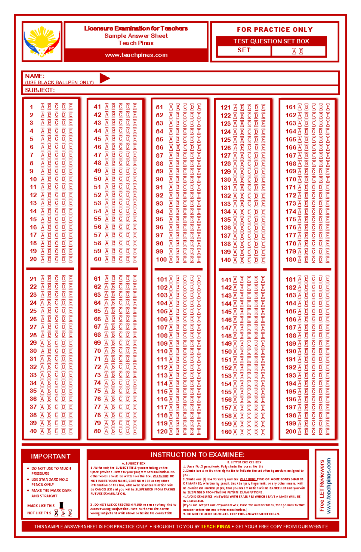 Copy of LET Answer Sheet V1.0 www.teachpinas.com - NAME: (USE BLACK ...
