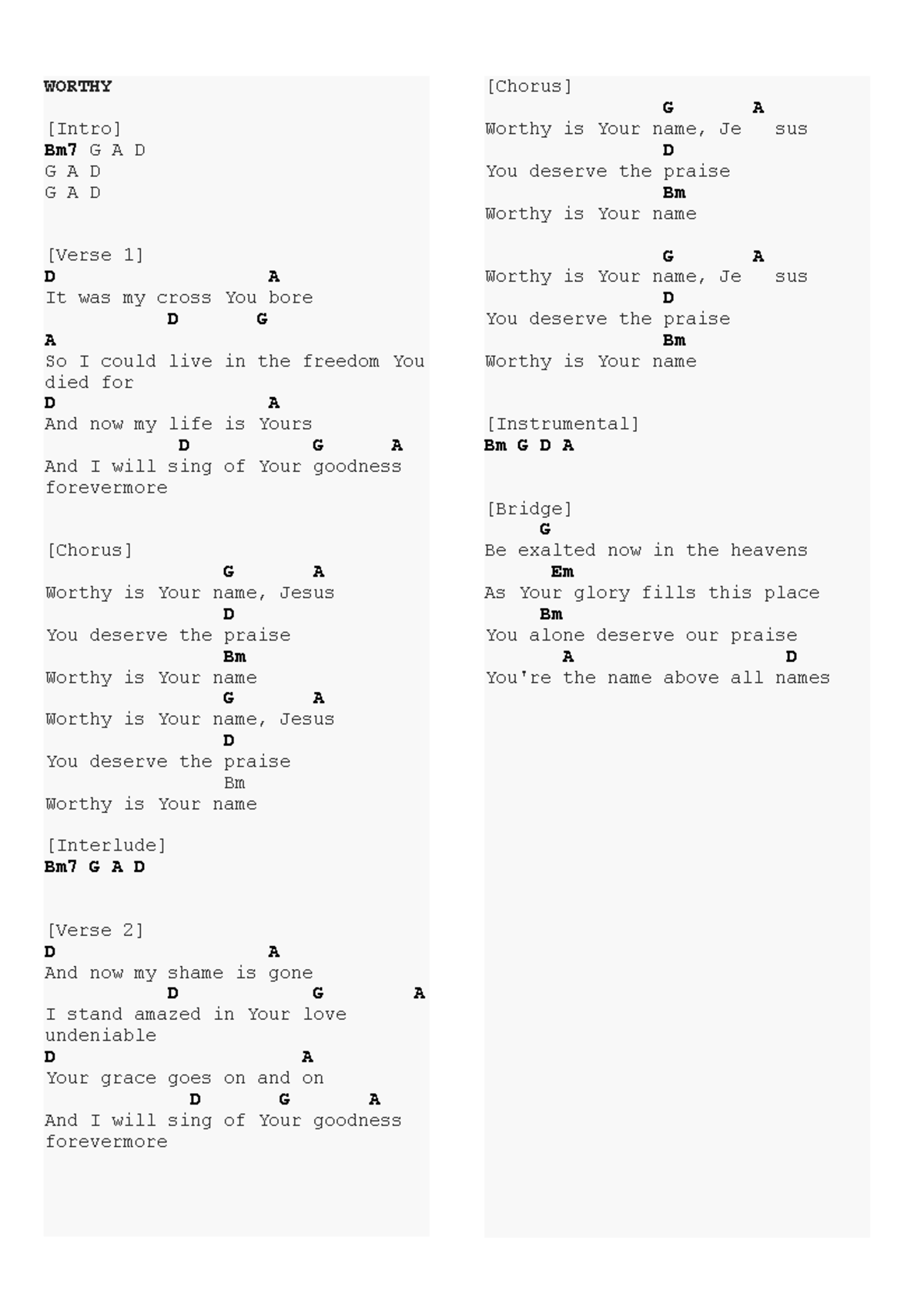 Chords of Songs different songs - WORTHY [Intro] Bm7 G A D G A D G A D ...