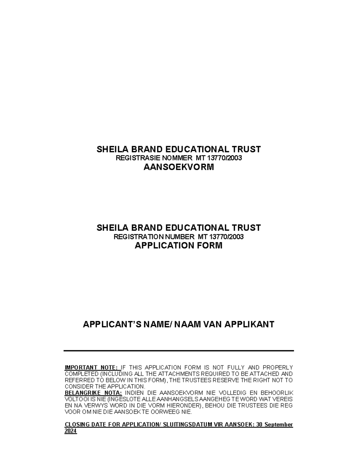 Application Form 2025 SHEILA BRAND EDUCATIONAL TRUST REGISTRASIE