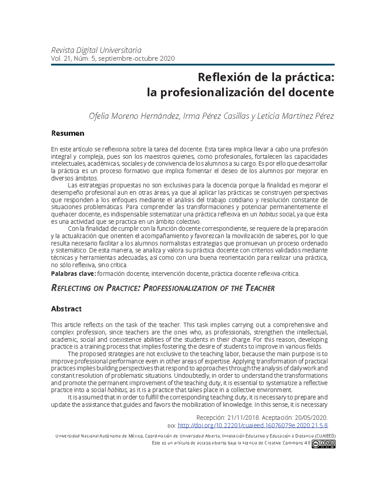 Reflexión de la práctica, la profesionalización del docente - Revista ...
