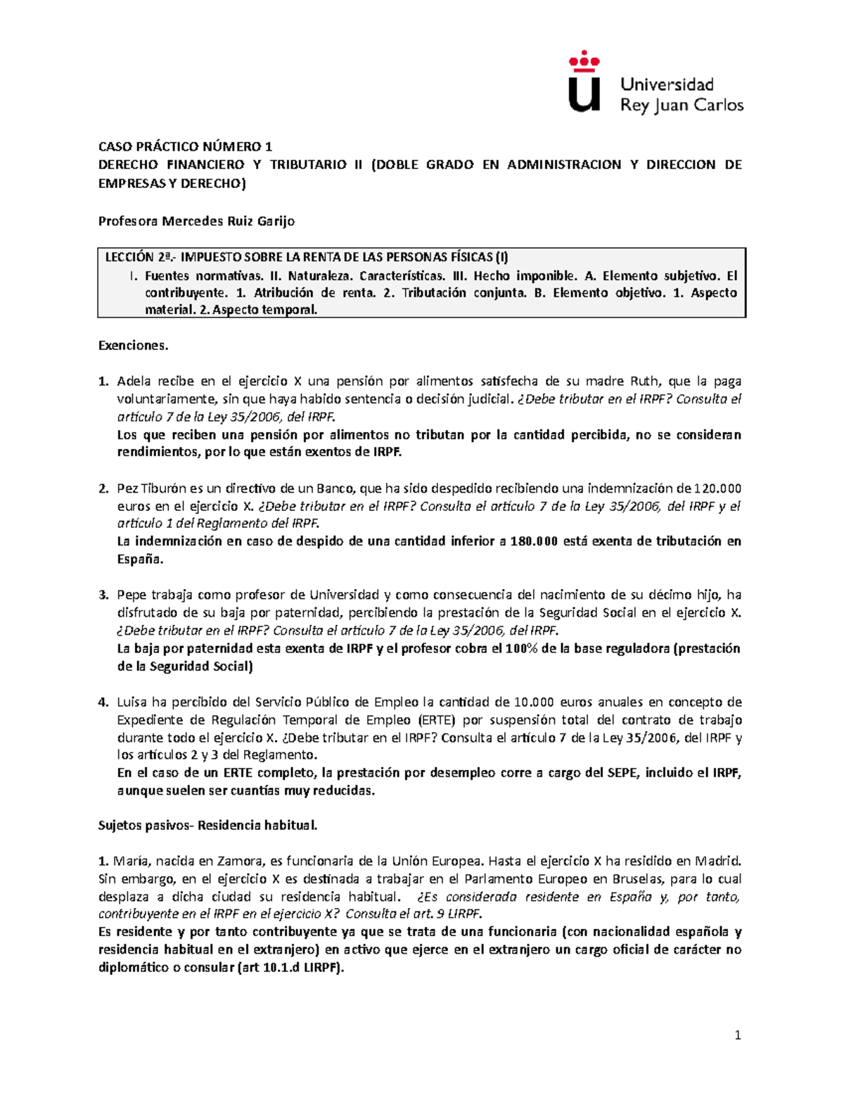 Caso Práctico Núm 1 Irpf Caso PrÁctico NÚmero 1 Derecho Financiero