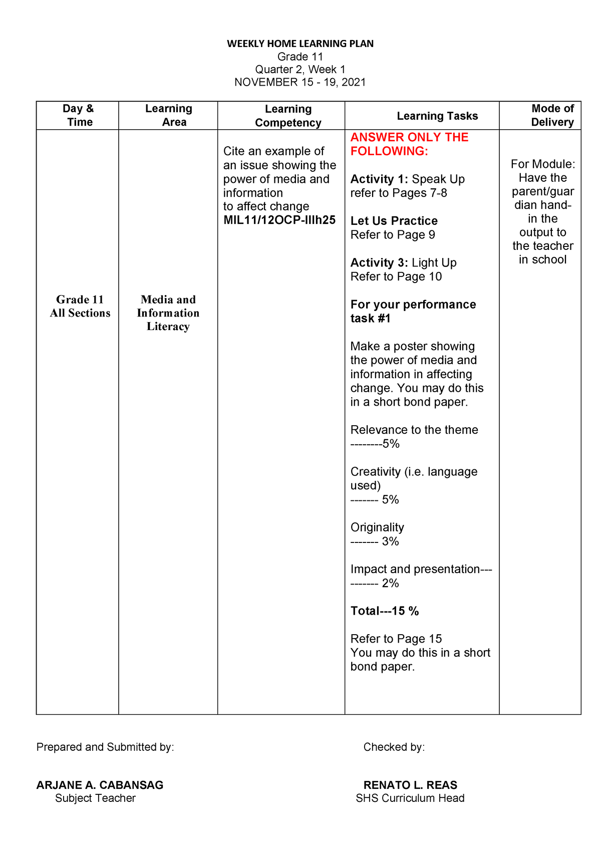 Whlp Q2 Week 1 Whlp5 Weekly Home Learning Plan Grade 11 Quarter 2 Week 1 November 15 19 8125