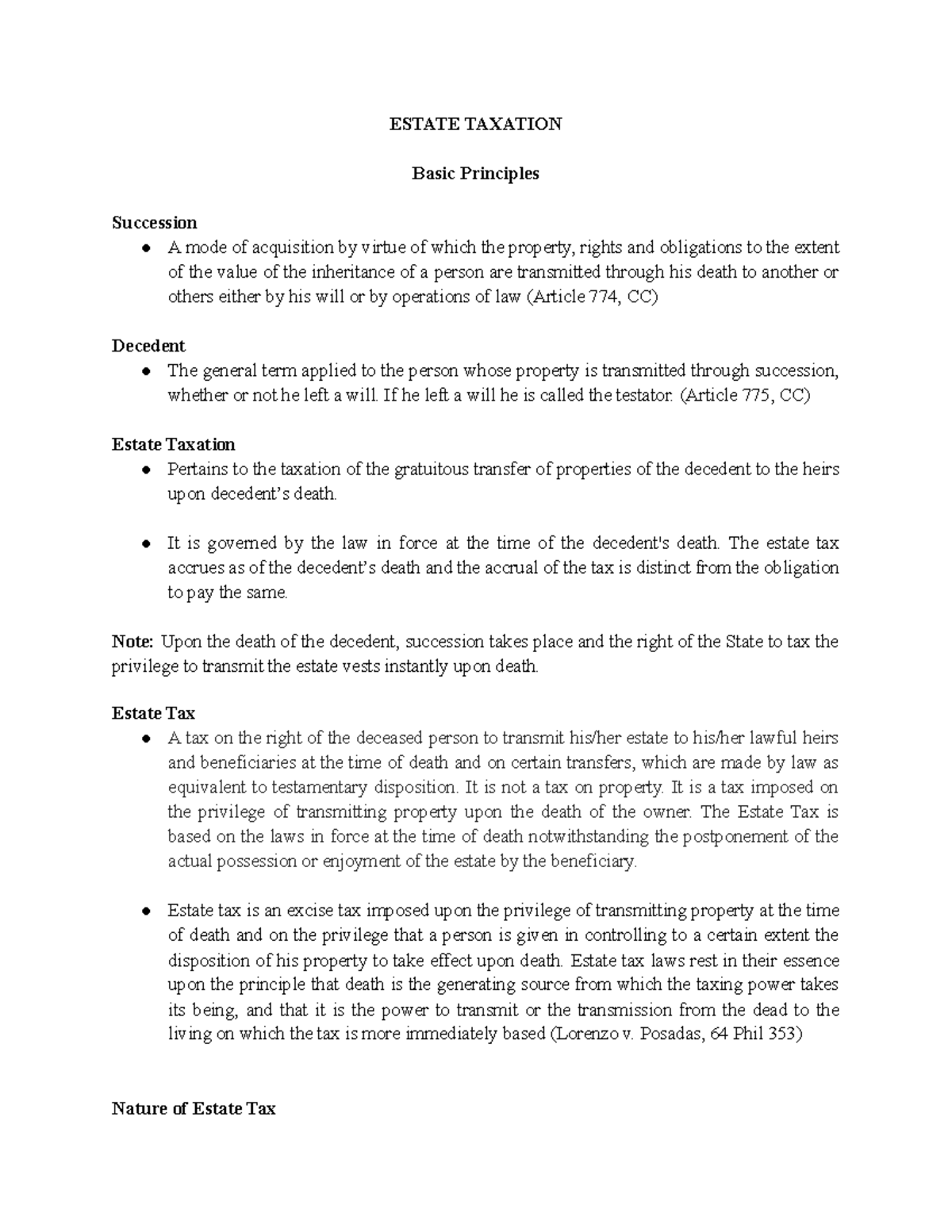 Estate Taxation - ESTATE TAXATION Basic Principles Succession A mode of ...