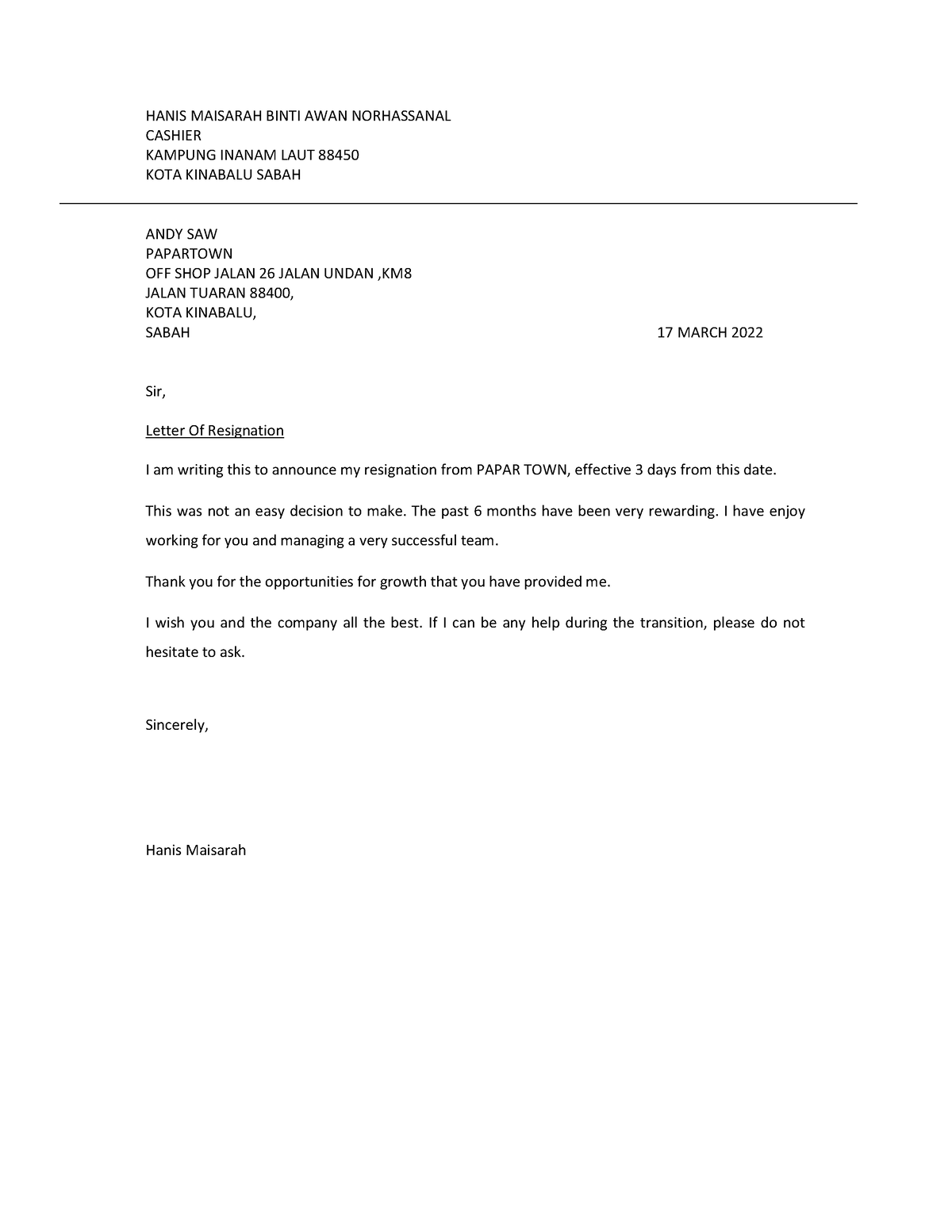 New resignation letter - Business Administration (Hons.) International ...