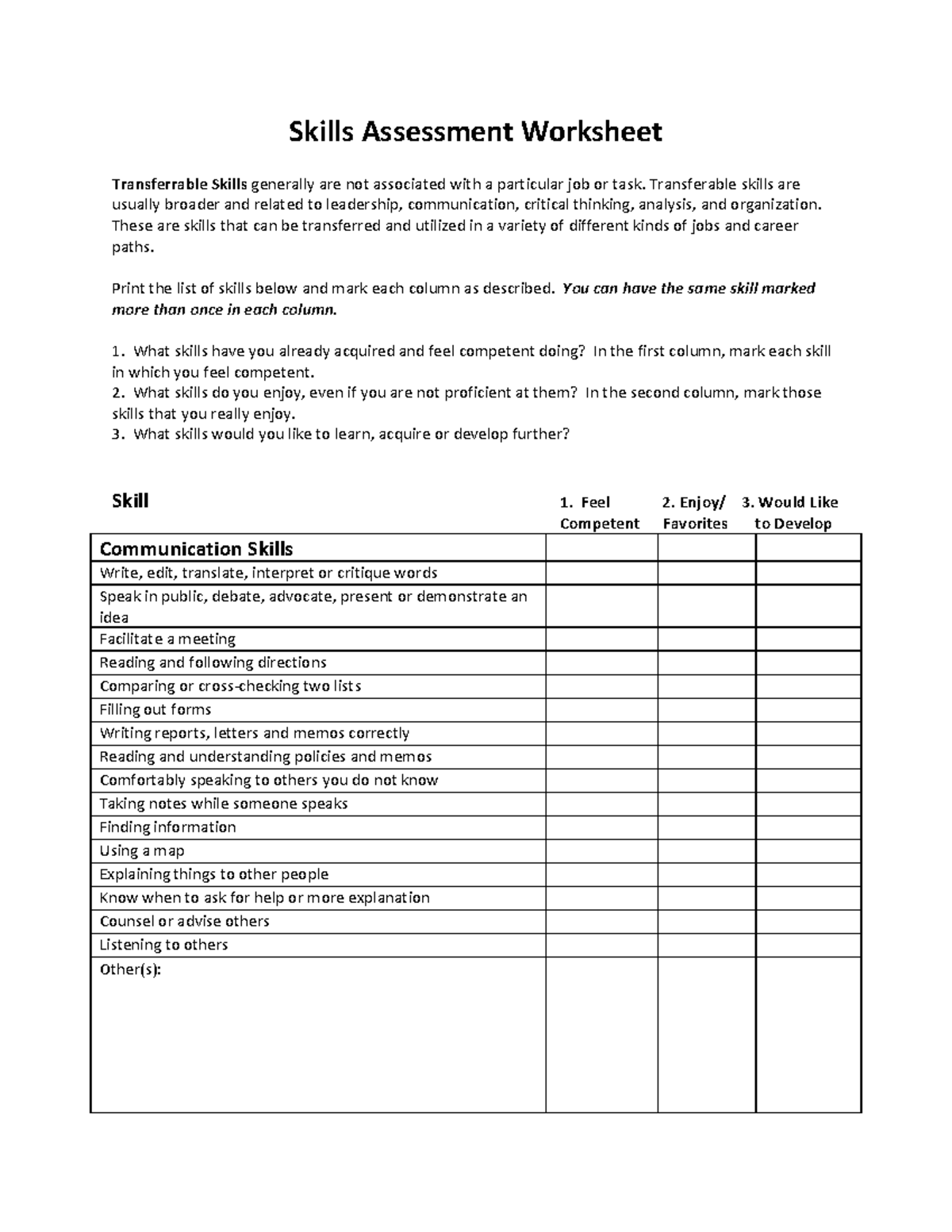 Skills-inventory-worksheet - Skills Assessment Worksheet Transferrable ...