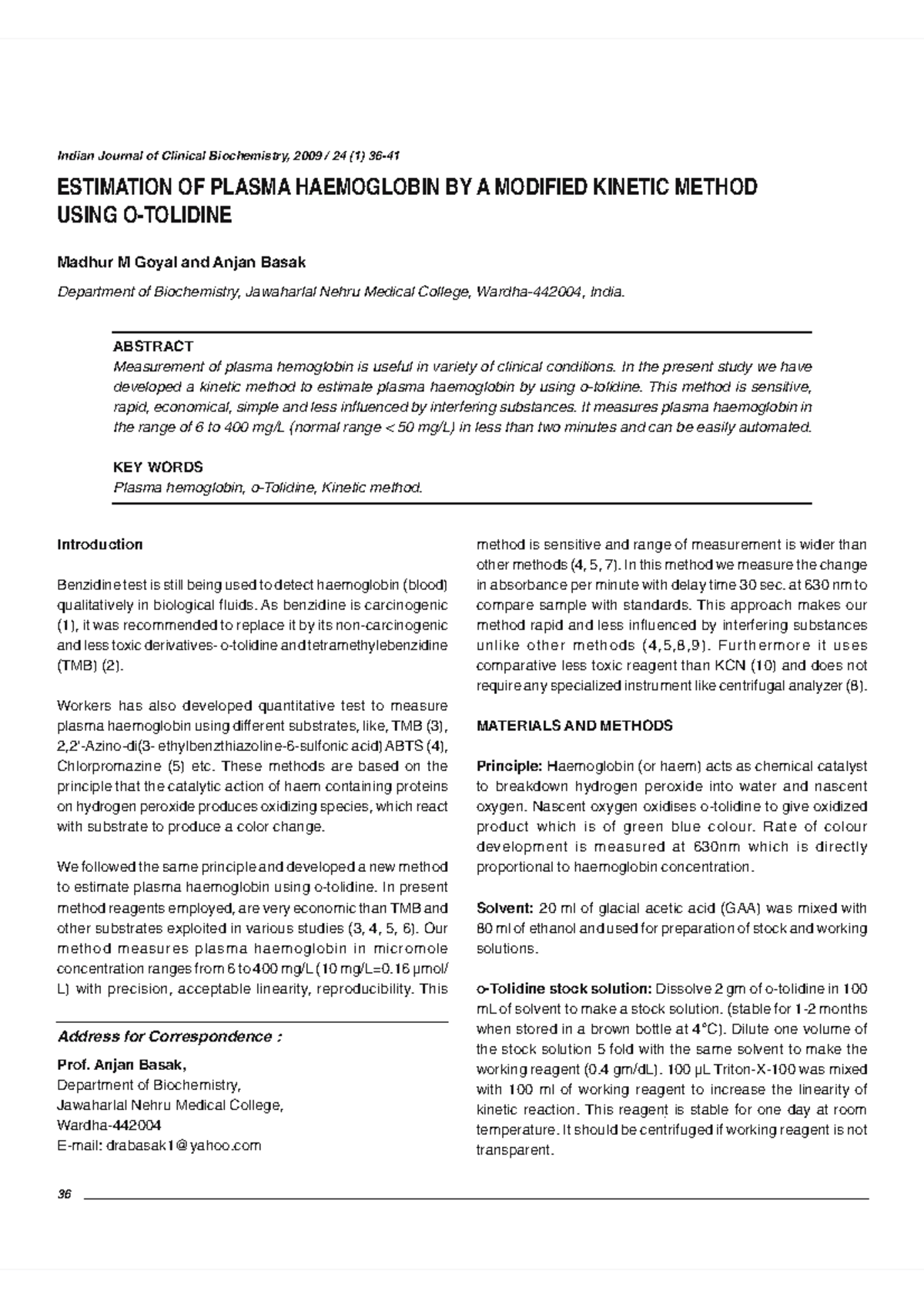 Estimation of plasma haemoglobin by a mo Indian Journal of Clinical