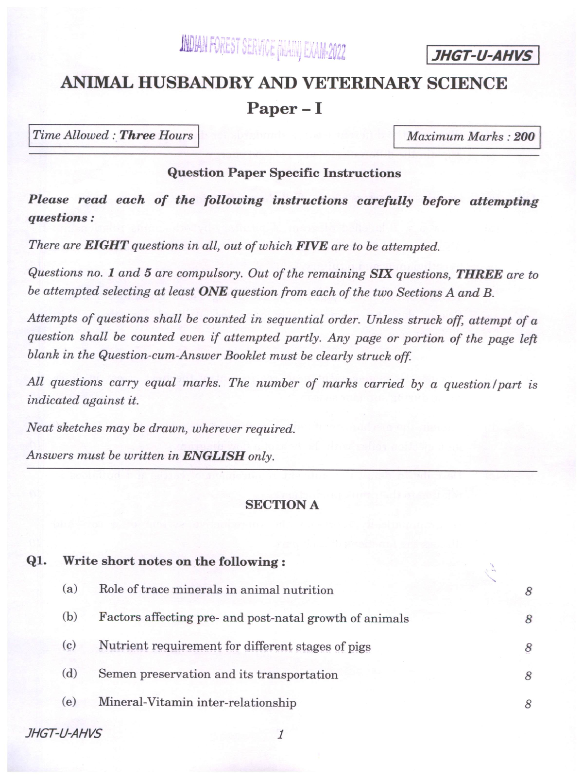 QP IFSM 22 281122 Animal Husbandry AND Veterinary Science Paper I ...