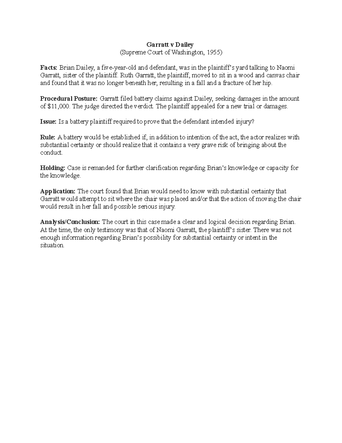 Garratt v Dailey: Fall 2021 Case Brief - Garratt v Dailey (Supreme ...