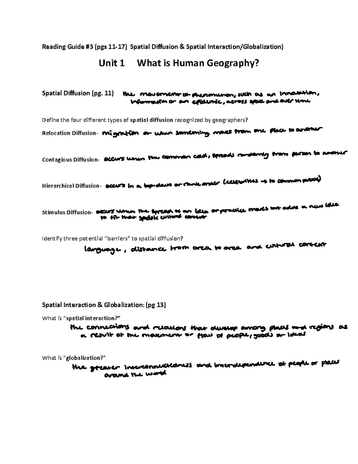Geography Reading Guide Reading Guide 3 (pgs 1117) Spatial