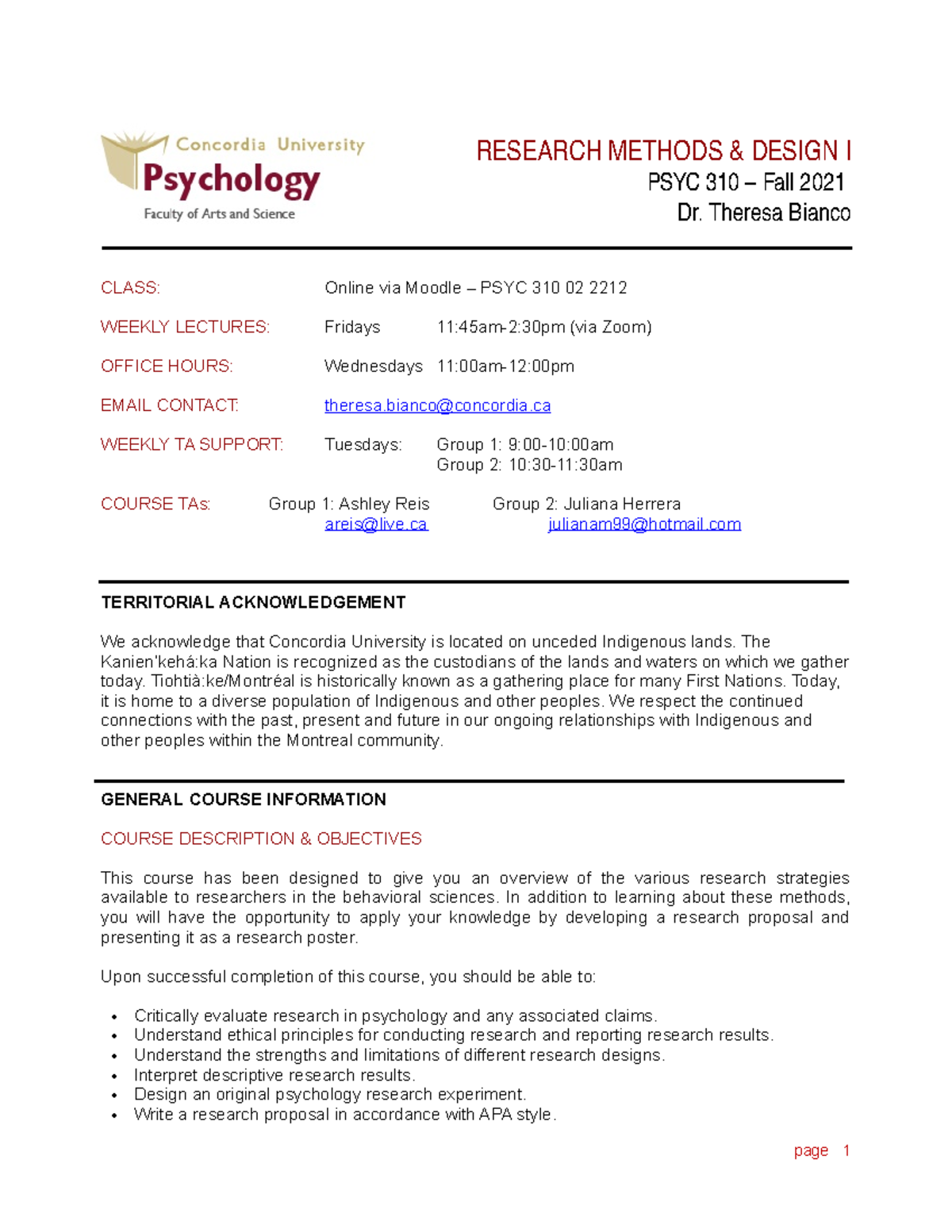 310 Course outline - FALL 2021 - Bianco - Updated - RESEARCH METHODS ...