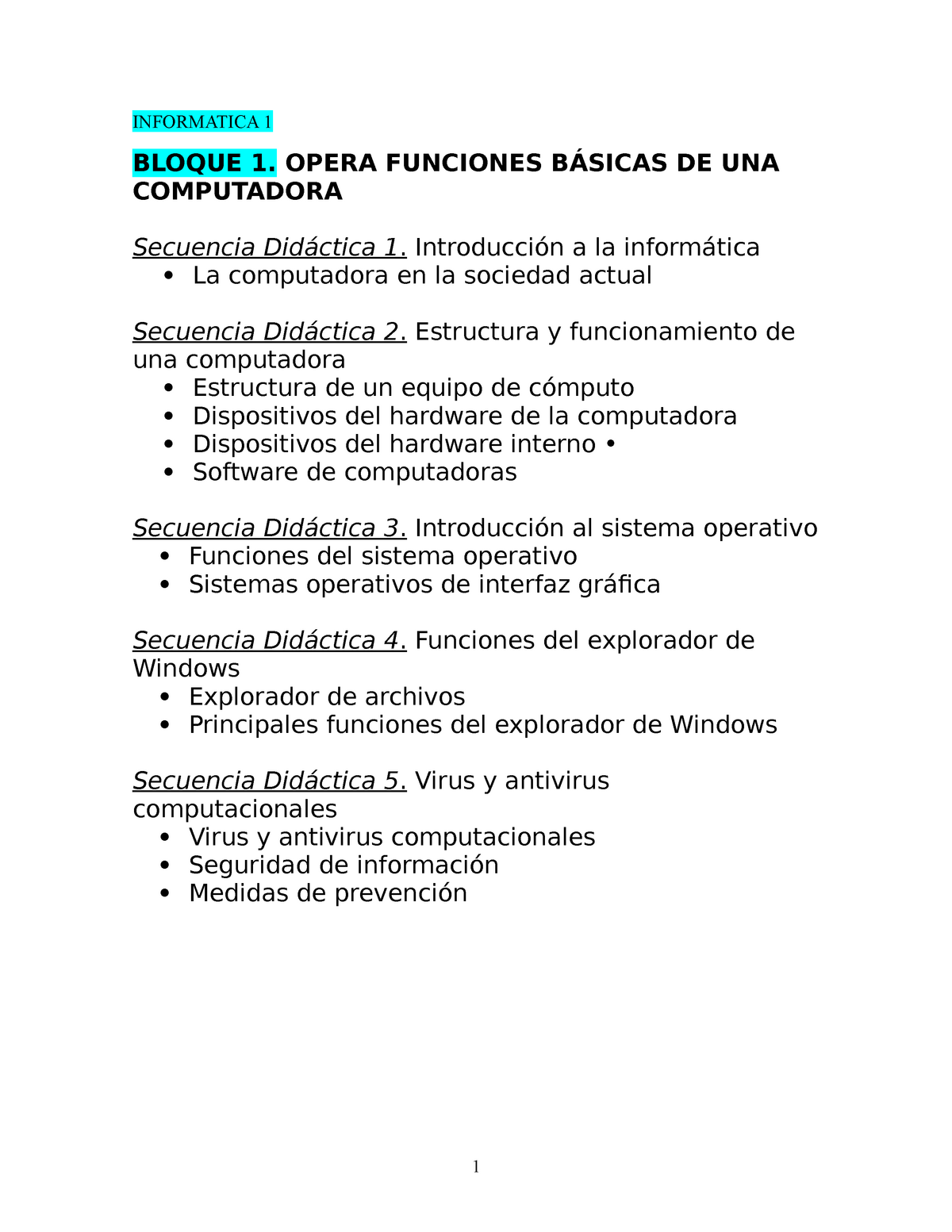 Informatica 1 Informatica 1 Bloque 1 Opera Funciones BÁsicas De Una