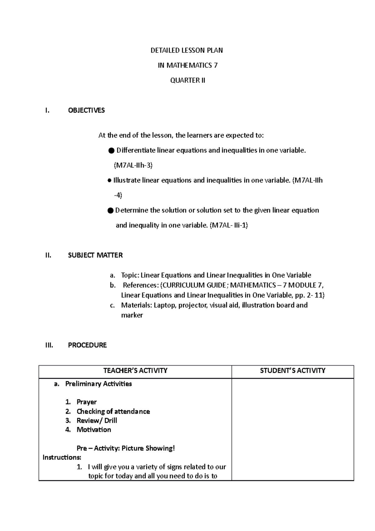 Lesson PLAN IN Mathematics 7 - DETAILED LESSON PLAN IN MATHEMATICS 7 ...