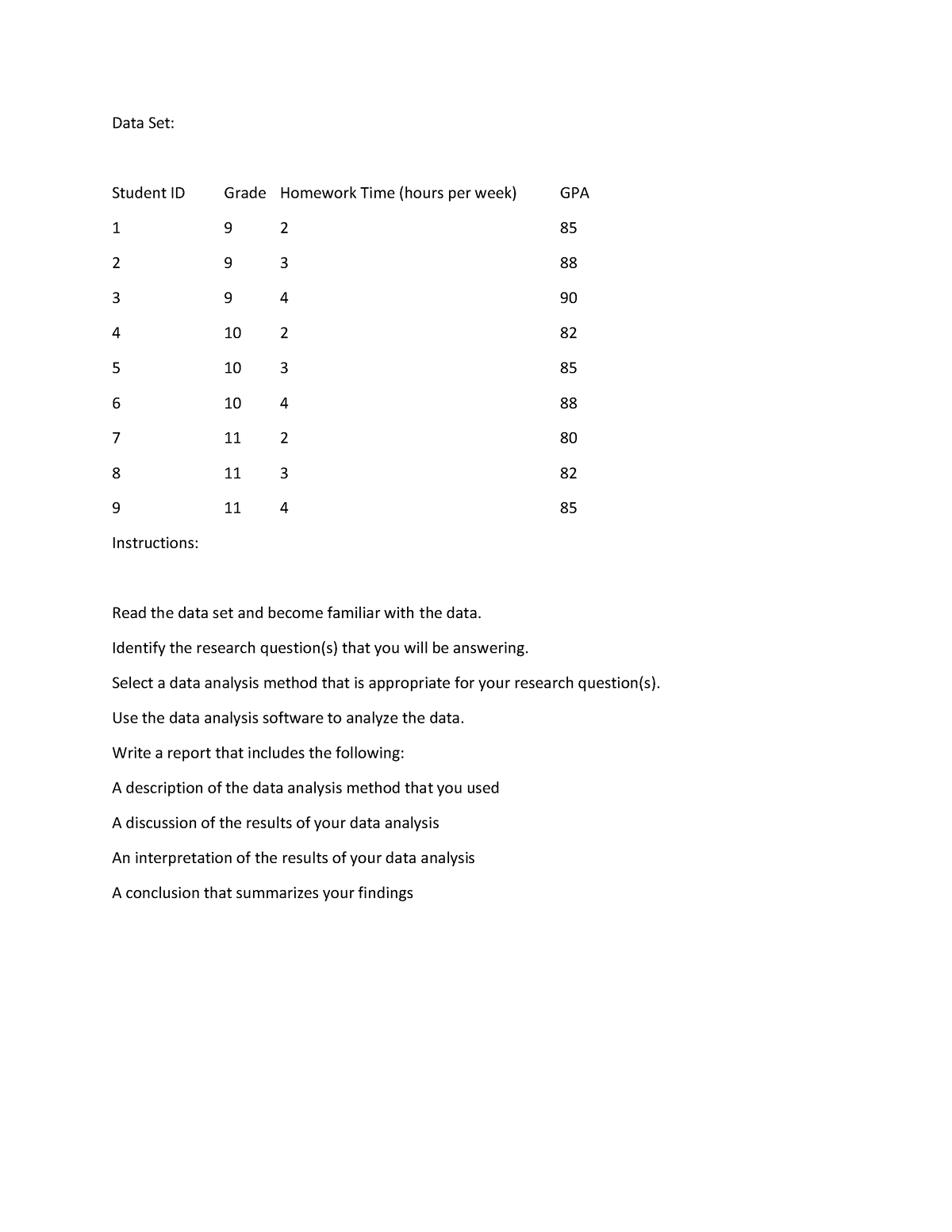 Performance Task 1 - Data Set: Student ID Grade Homework Time (hours ...