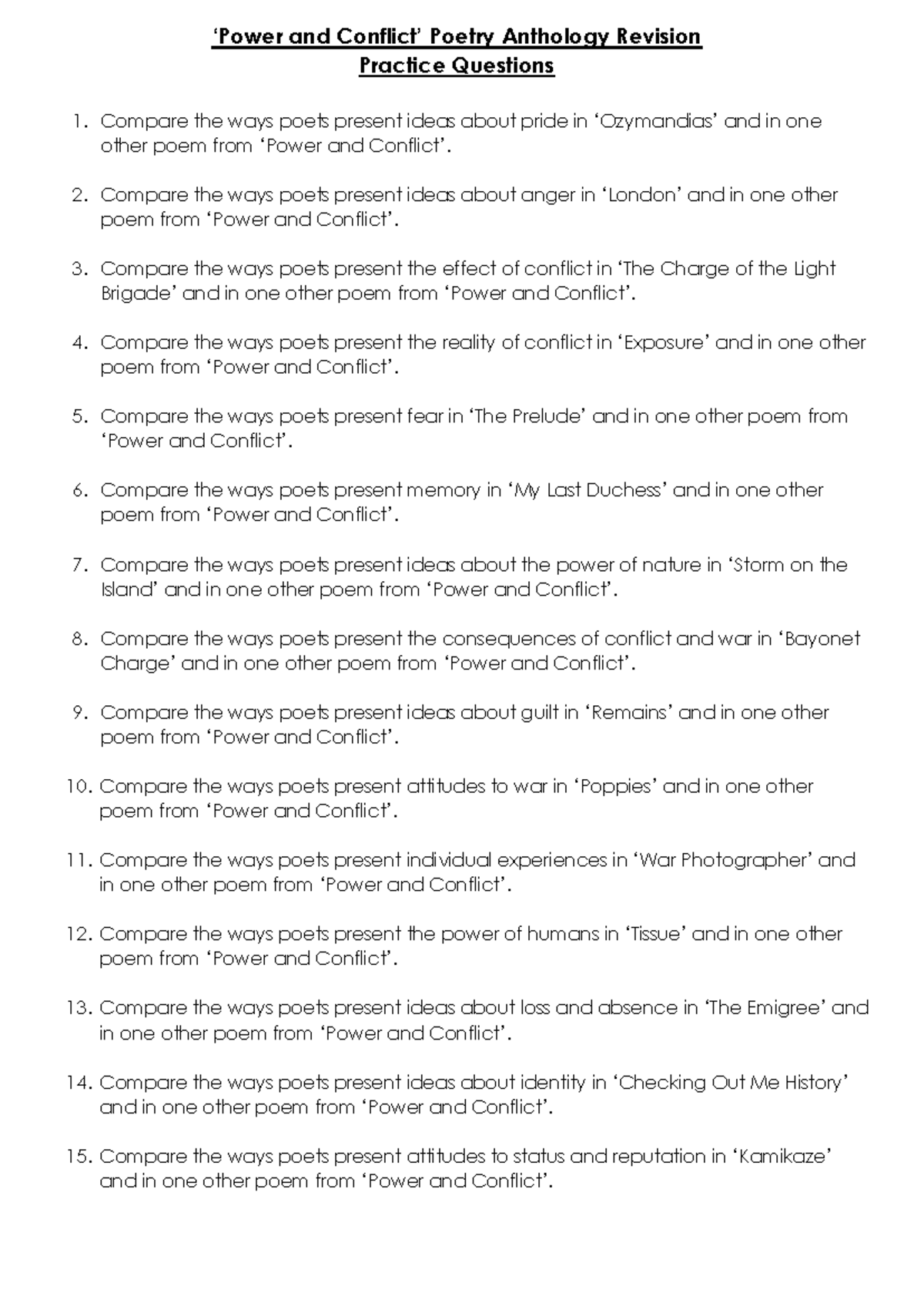 power-and-conflict-poetry-anthology-practice-questions-power-and